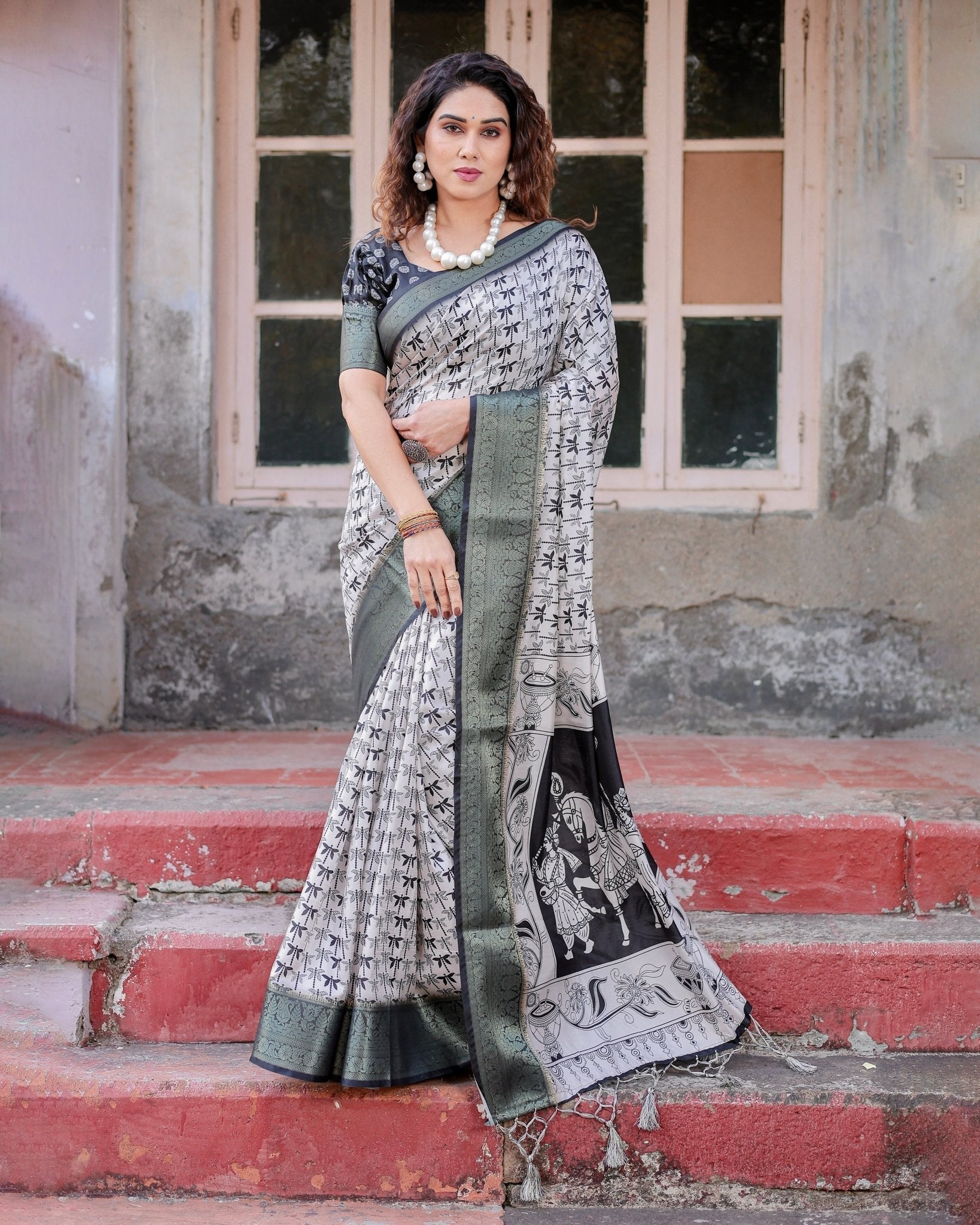 Pure Silk Digitally Printed Saree Weaved With Golden Zari Comes With Tassels