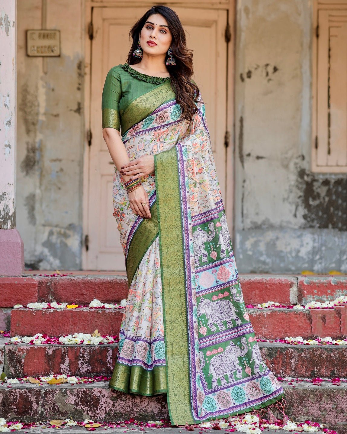 Pure Silk Digitally Printed Saree Weaved With Golden Zari Comes With Tassels