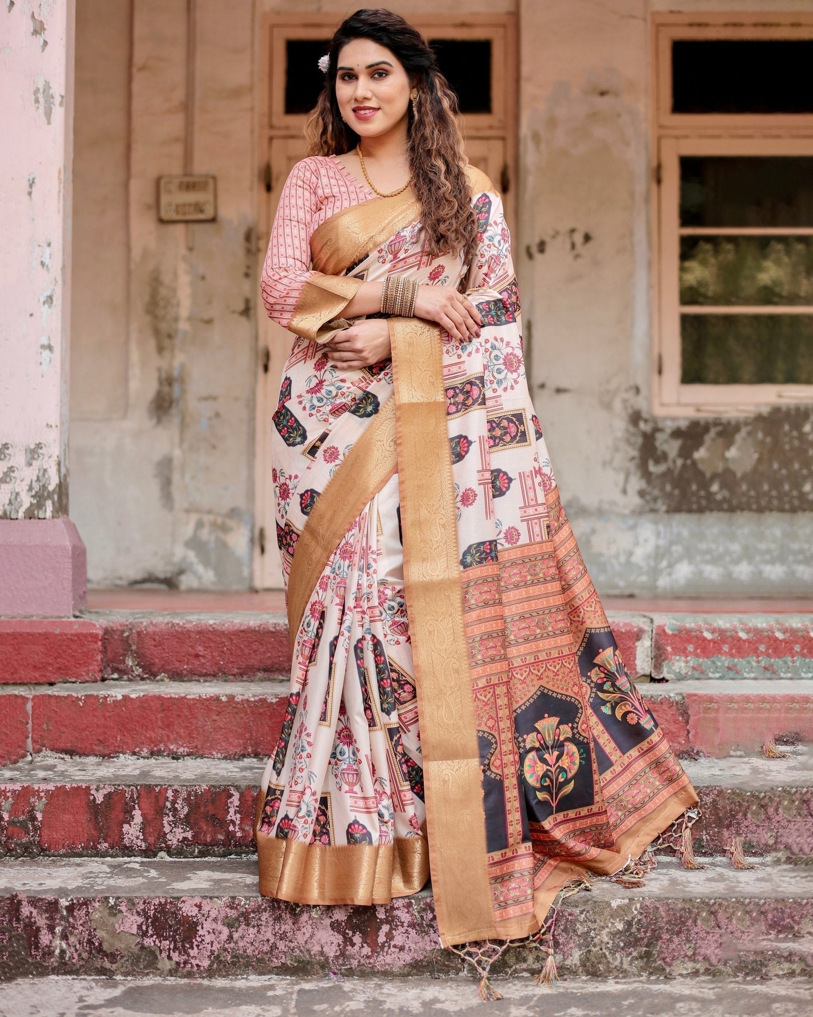 Pure Silk Digitally Printed Saree Weaved With Golden Zari Comes With Tassels - Fashion Dream Studio