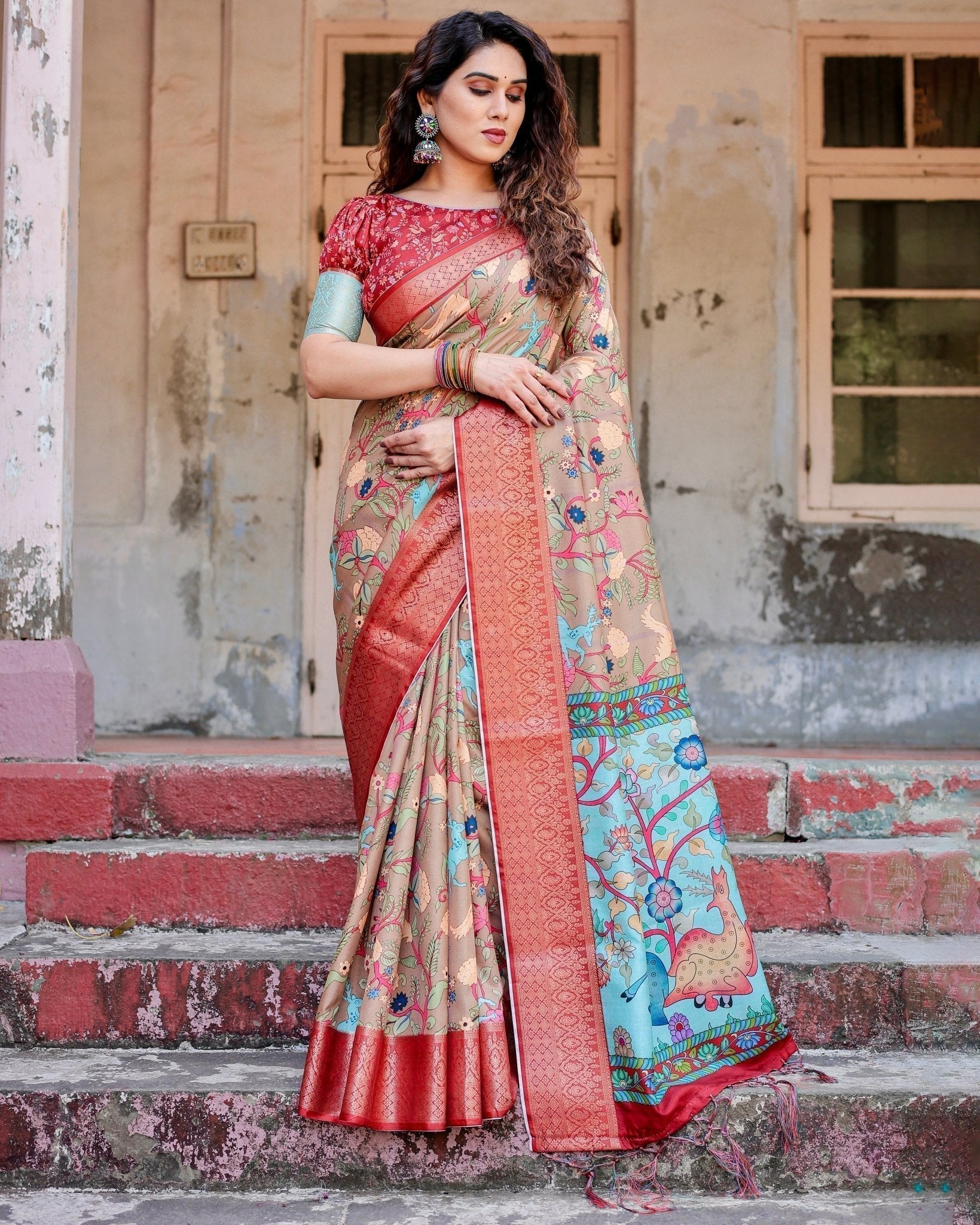 Pure Silk Digitally Printed Saree Weaved With Golden Zari Comes With Tassels - Fashion Dream Studio