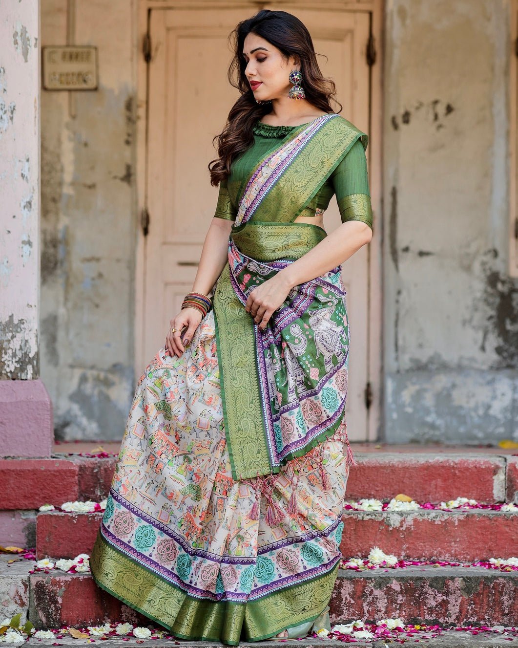 Pure Silk Digitally Printed Saree Weaved With Golden Zari Comes With Tassels - Fashion Dream Studio