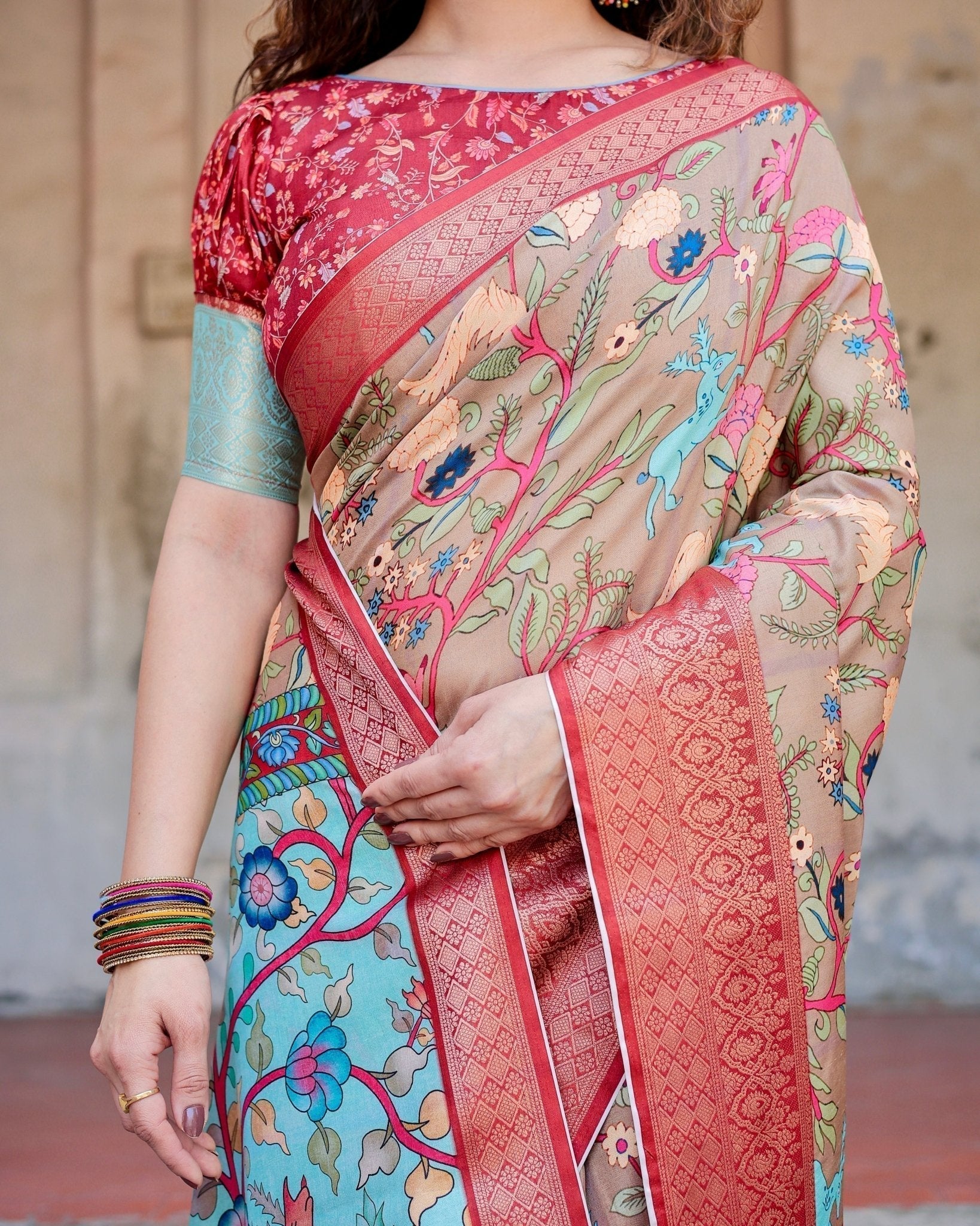 Pure Silk Digitally Printed Saree Weaved With Golden Zari Comes With Tassels