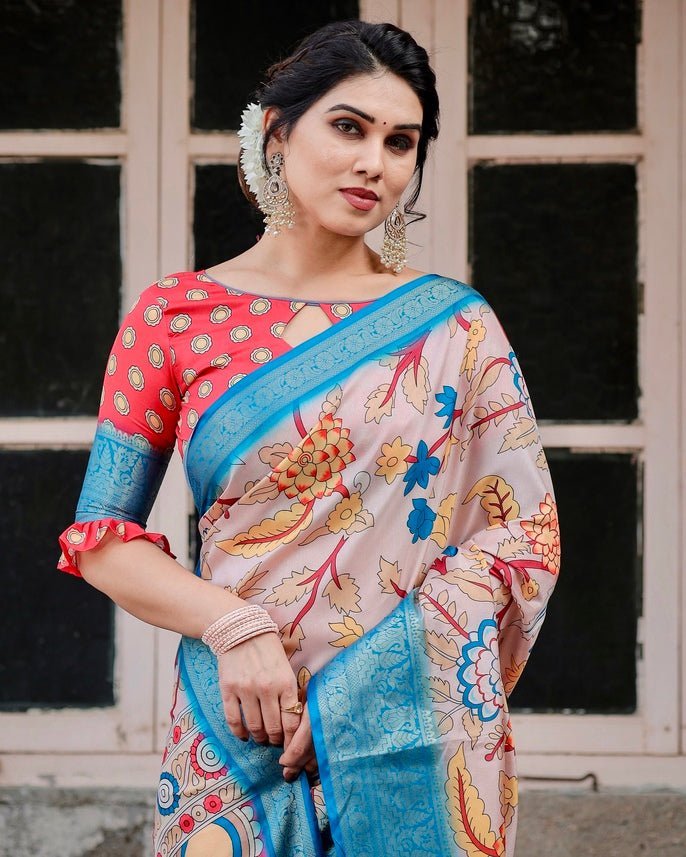 Pure Silk Digitally Printed Saree with Golden Zari and Tassels - Fashion Dream Studio