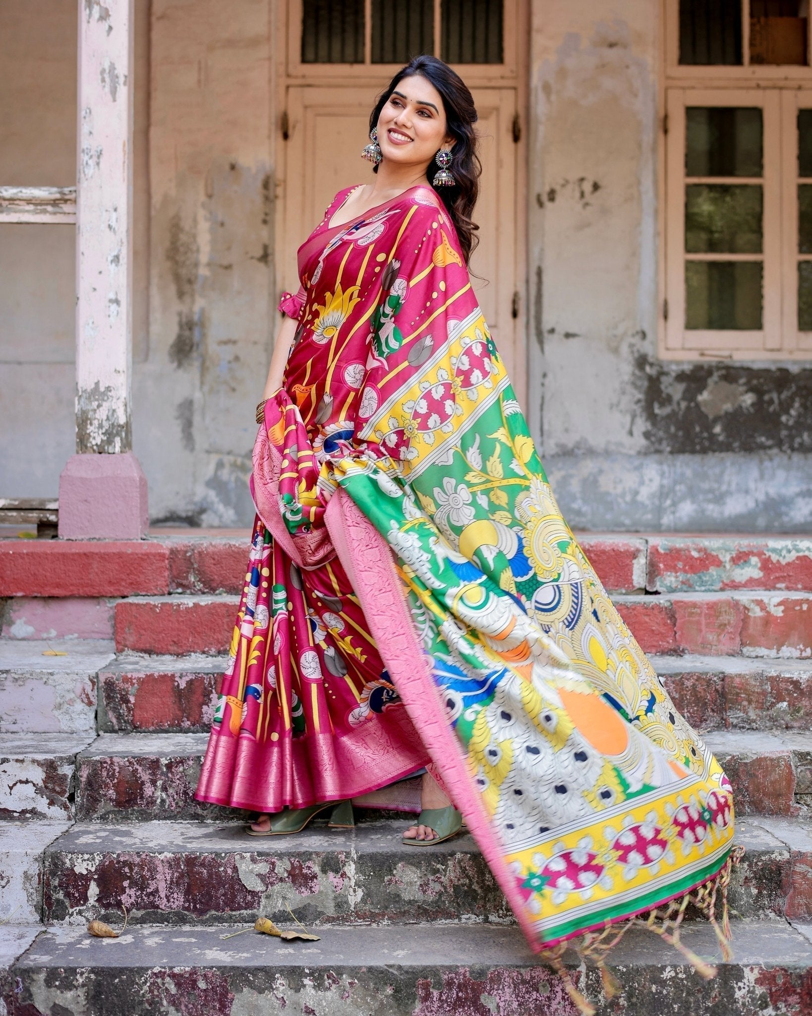 Pure Silk Digitally Printed Saree with Golden Zari and Tassels - Fashion Dream Studio