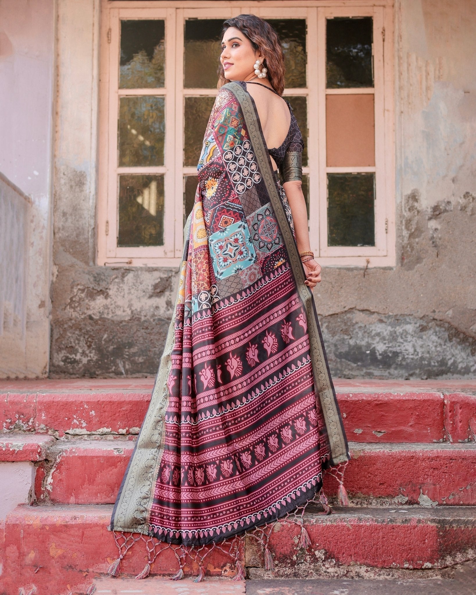 Pure Silk Digitally Printed Saree Weaved With Golden Zari Comes With Tassels - Fashion Dream Studio