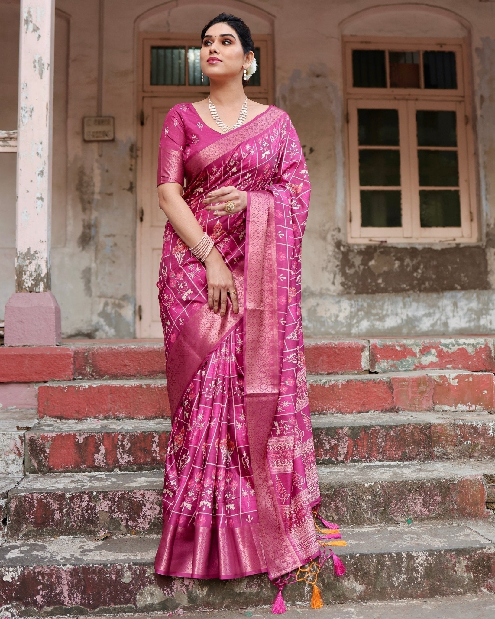 Pure Silk Digitally Printed Saree with Golden Zari and Tassels - Fashion Dream Studio