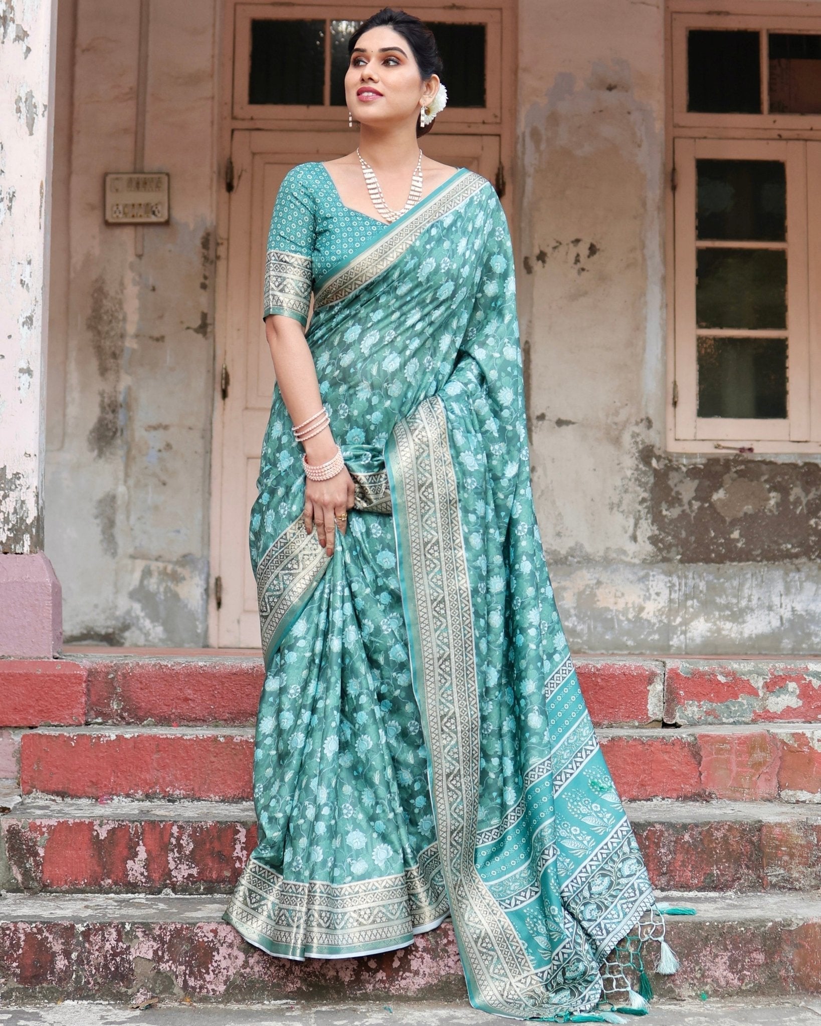 Teal Green Floral Pure Silk Digital Print Saree with Silver Border and Tassels - Fashion Dream Studio