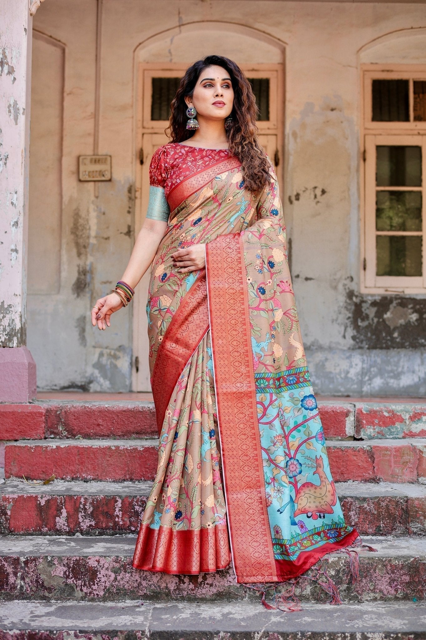 Pure Silk Digitally Printed Saree Weaved With Golden Zari Comes With Tassels - Fashion Dream Studio