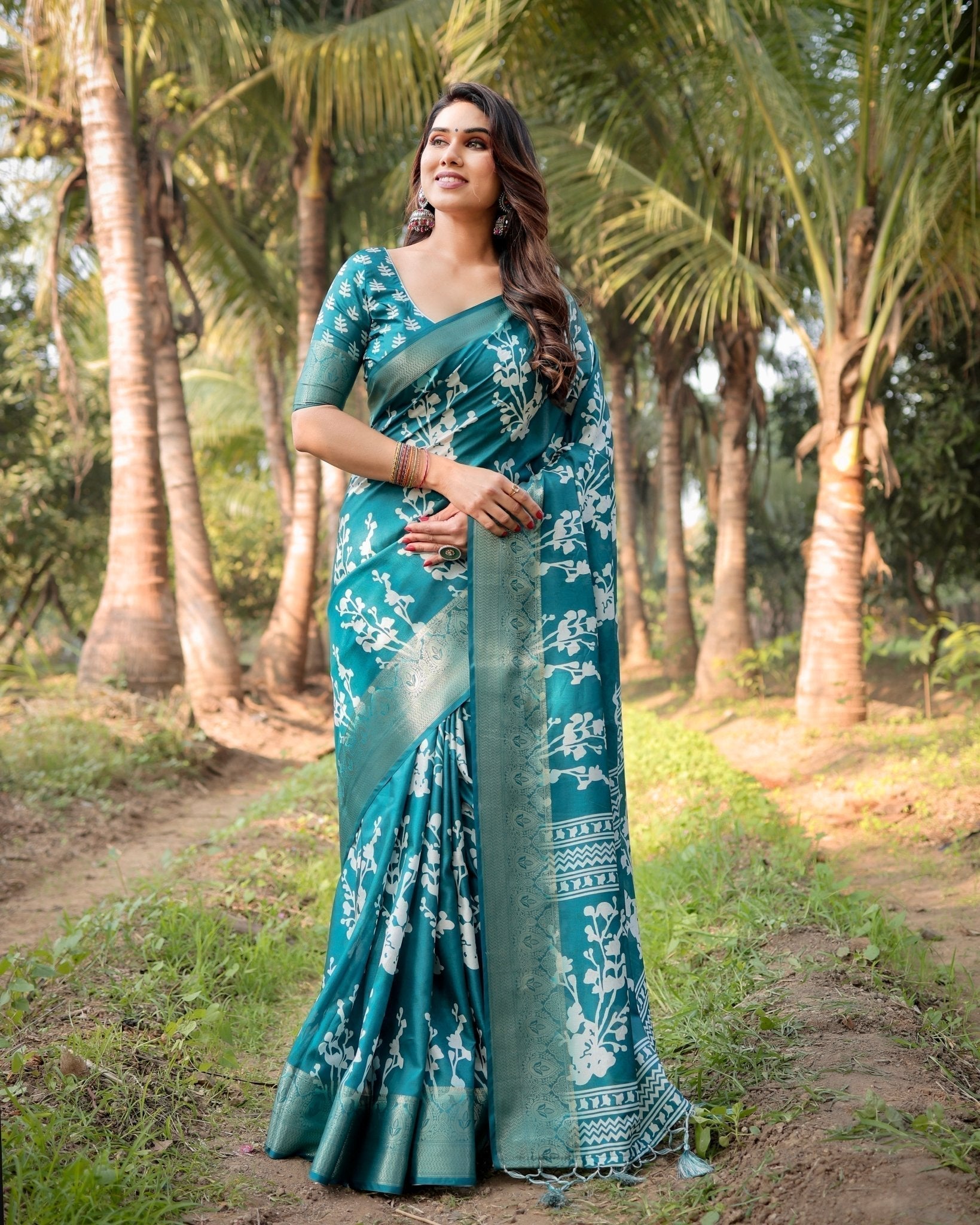 Pure Silk Digitally Printed Saree Weaved With Golden Zari Comes With Tassels - Fashion Dream Studio