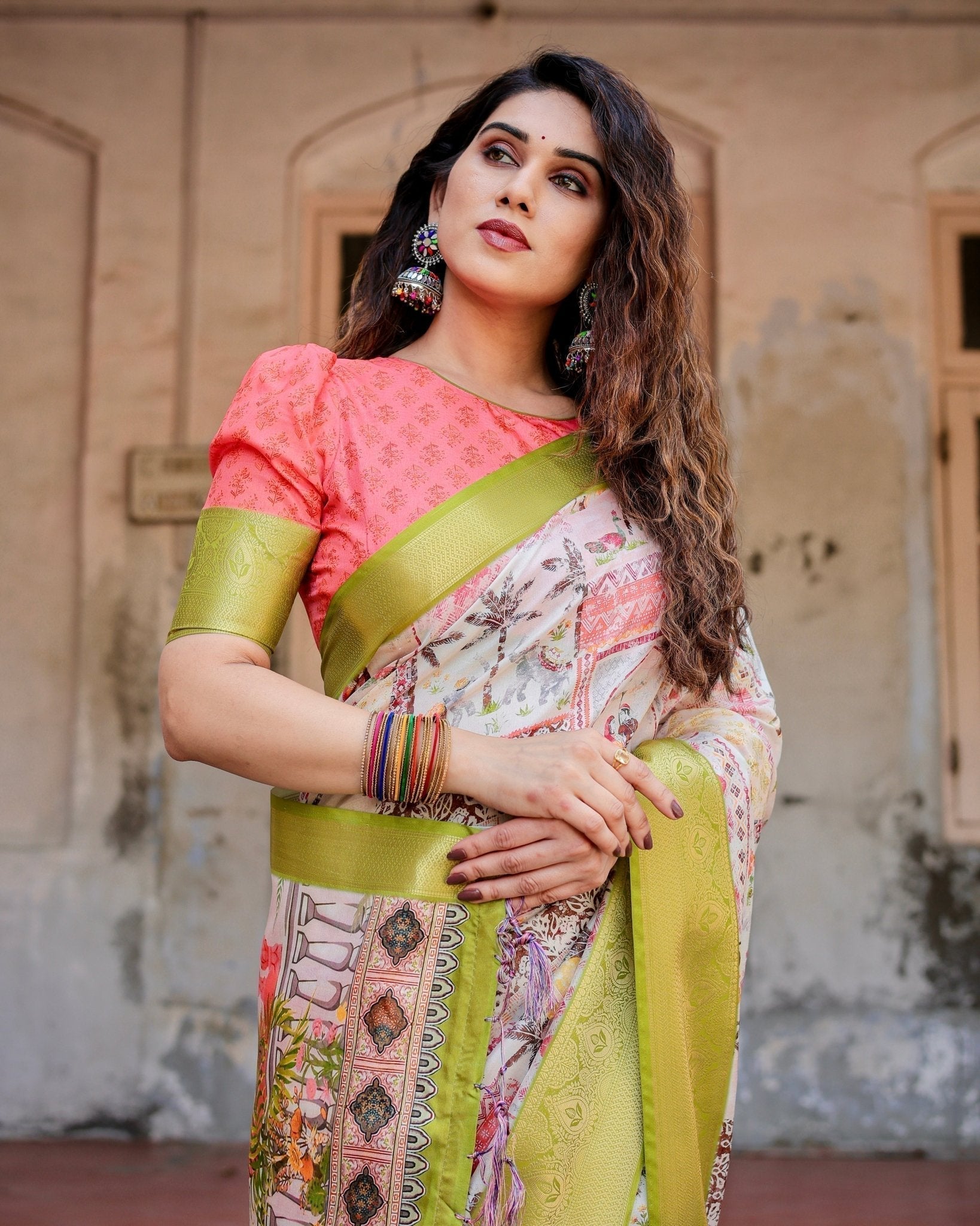 Pure Silk Digitally Printed Saree Weaved With Golden Zari Comes With Tassels - Fashion Dream Studio