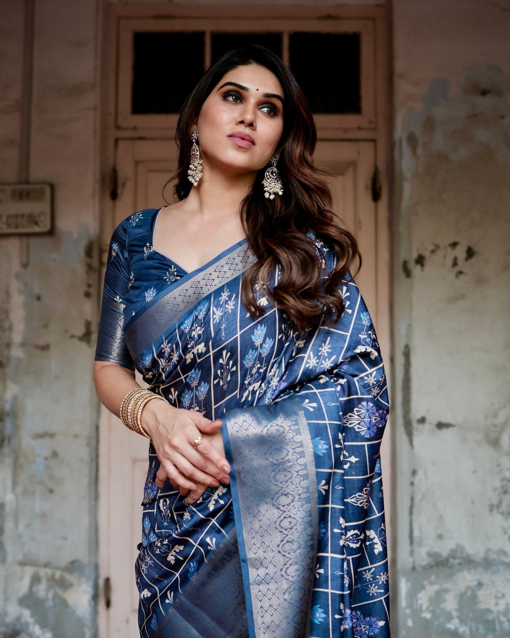 Pure Silk Digitally Printed Saree with Golden Zari and Tassels - Fashion Dream Studio