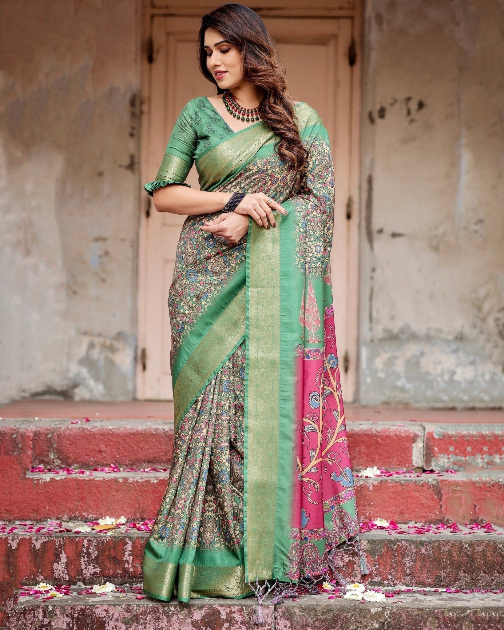 Pure Silk Digitally Printed Saree Weaved With Golden Zari Comes With Tassels - Fashion Dream Studio