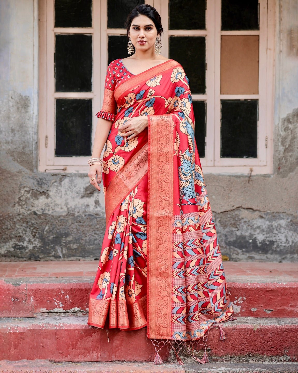 Pure Silk Digitally Printed Saree Weaved With Golden Zari Comes With Tassels