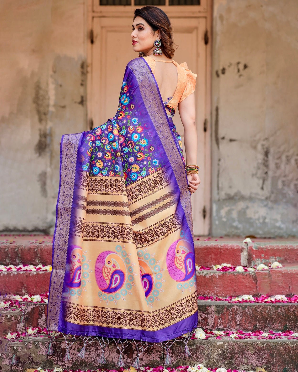 Pure Silk Digitally Printed Saree Weaved With Golden Zari Comes With Tassels - Fashion Dream Studio