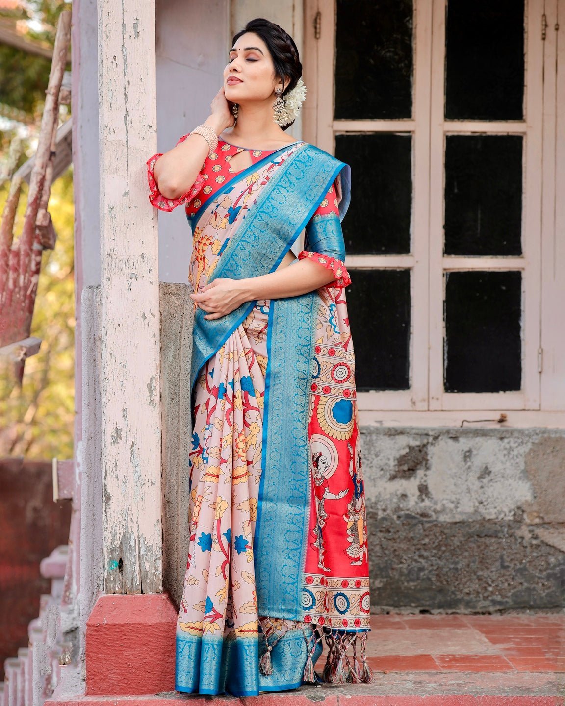 Pure Silk Digitally Printed Saree with Golden Zari and Tassels - Fashion Dream Studio