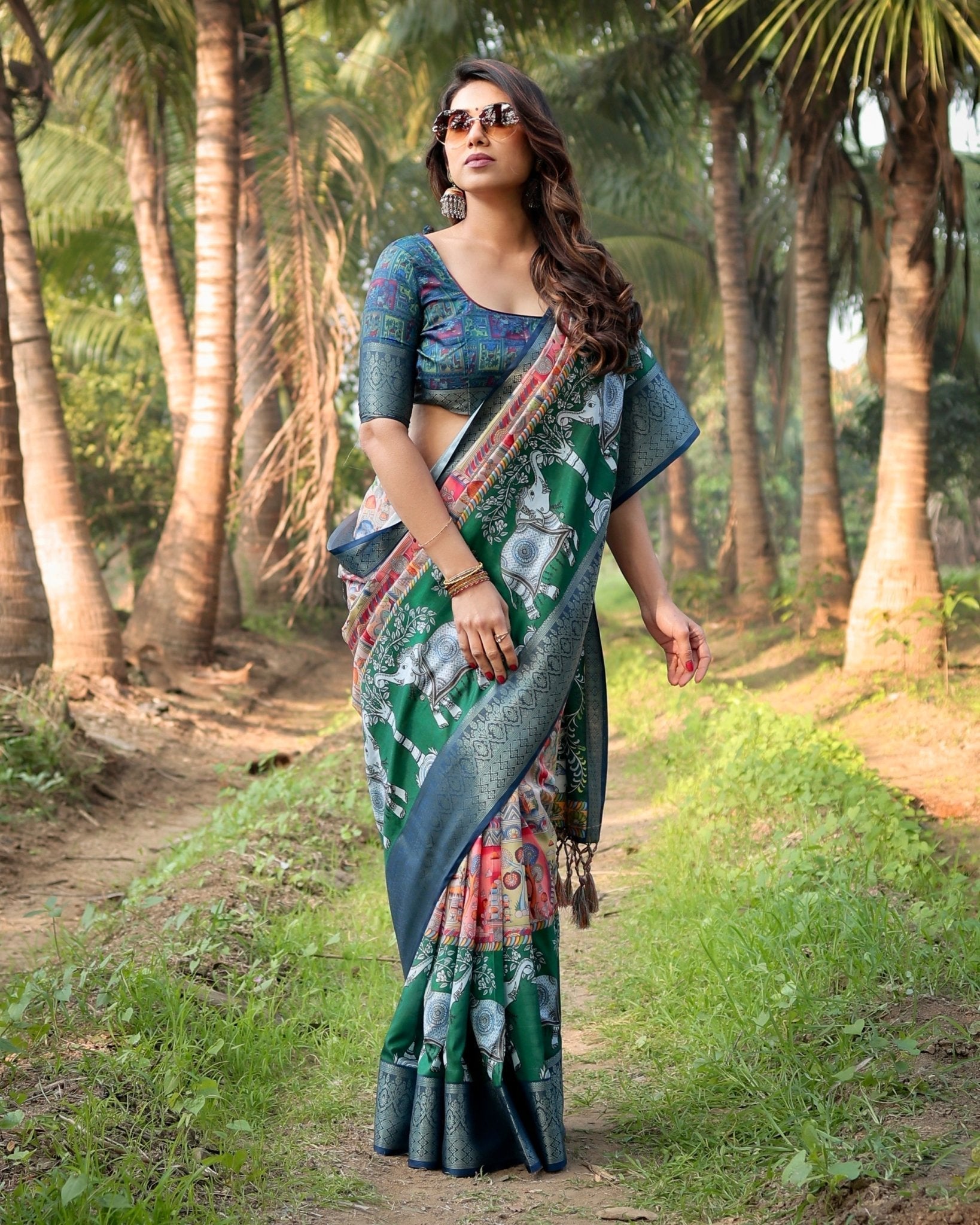 Pure Silk Digitally Printed Saree Weaved With Golden Zari Comes With Tassels