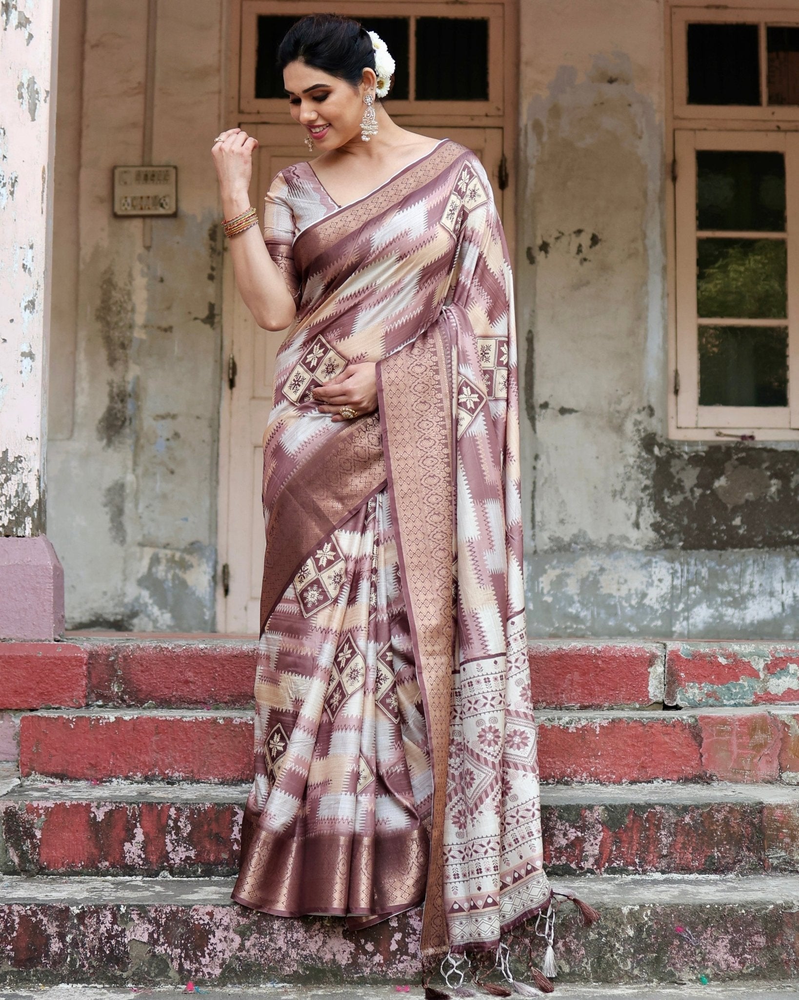 Pure Silk Digitally Printed Saree Weaved With Golden Zari Comes With Tassels - Fashion Dream Studio