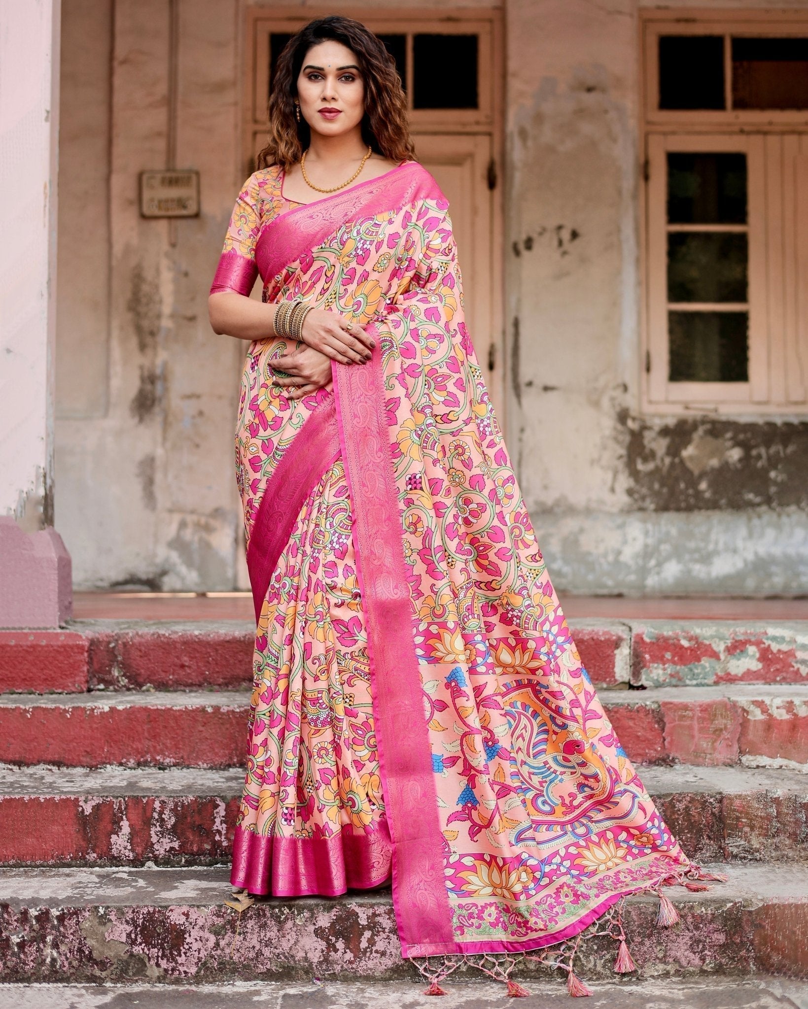 Pure Silk Digitally Printed Saree Weaved With Golden Zari Comes With Tassels