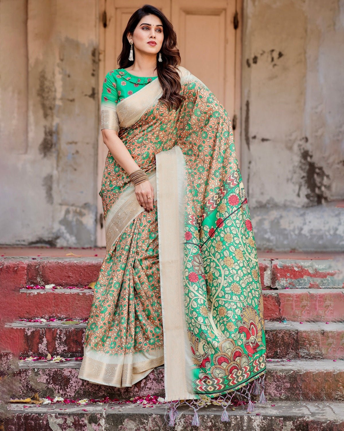 Pure Silk Digitally Printed Saree Weaved With Golden Zari Comes With Tassels - Fashion Dream Studio