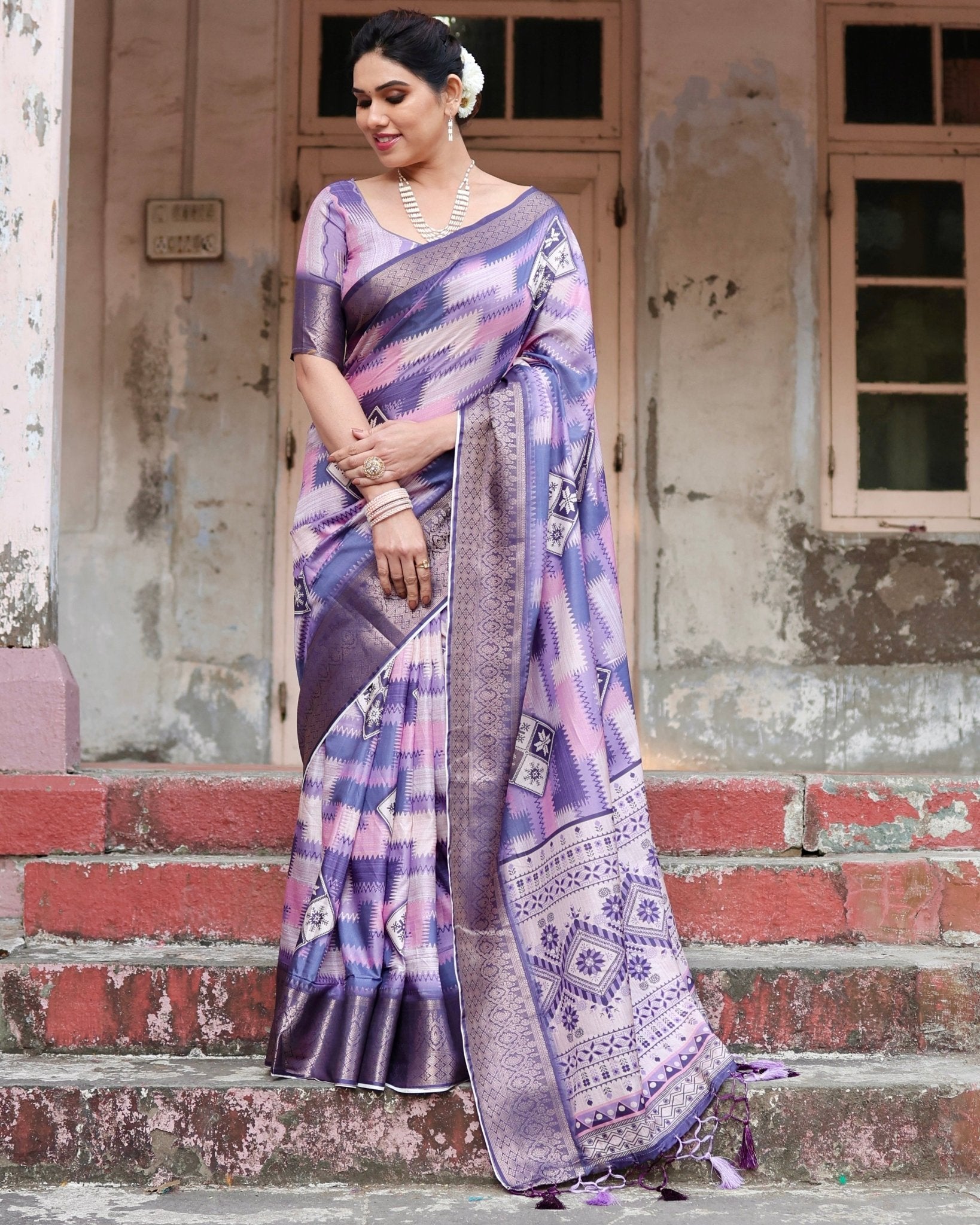 Purple and Pink Geometric Pure Silk Digital Print Saree with Gold Border and Tassels