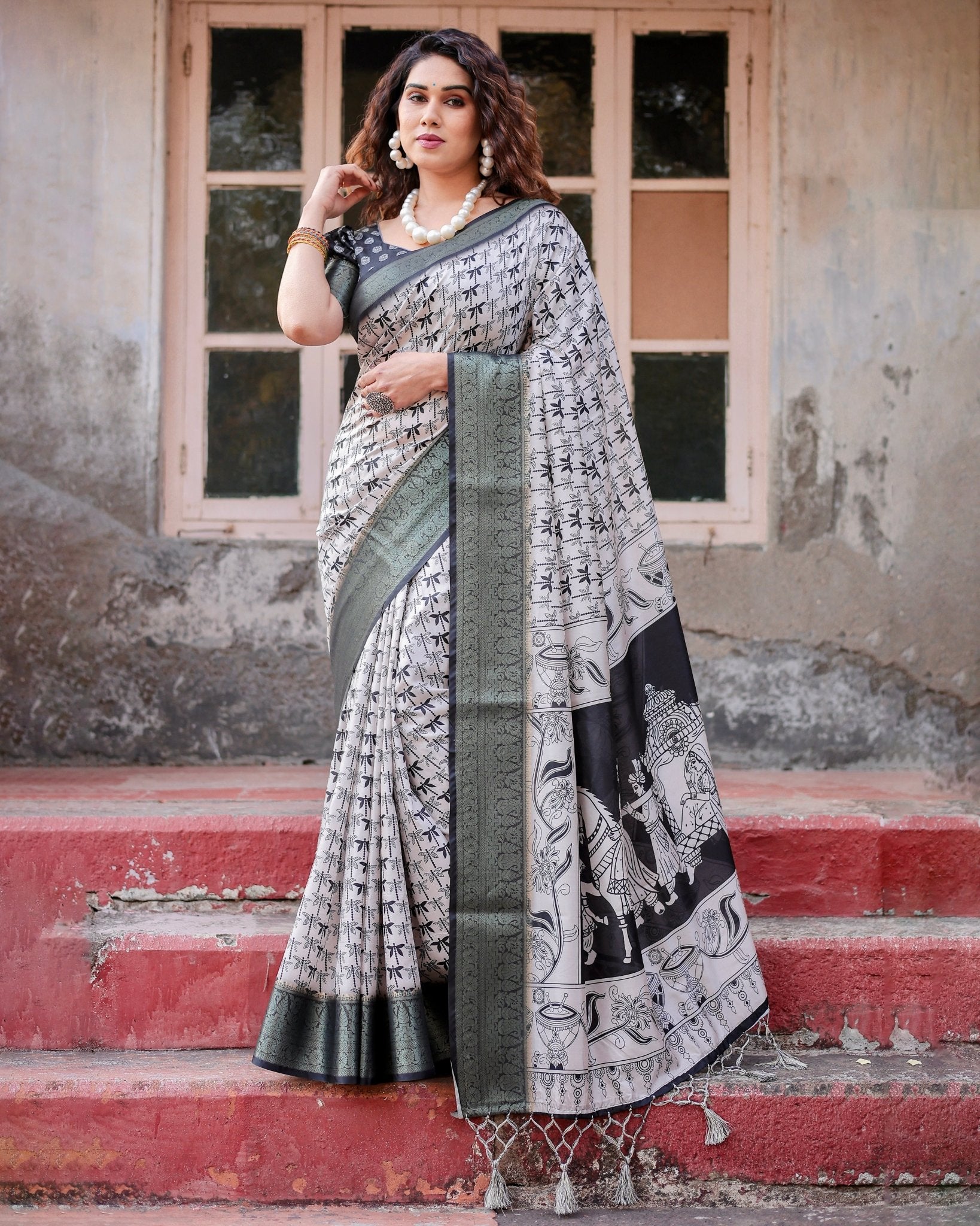 Pure Silk Digitally Printed Saree Weaved With Golden Zari Comes With Tassels - Fashion Dream Studio