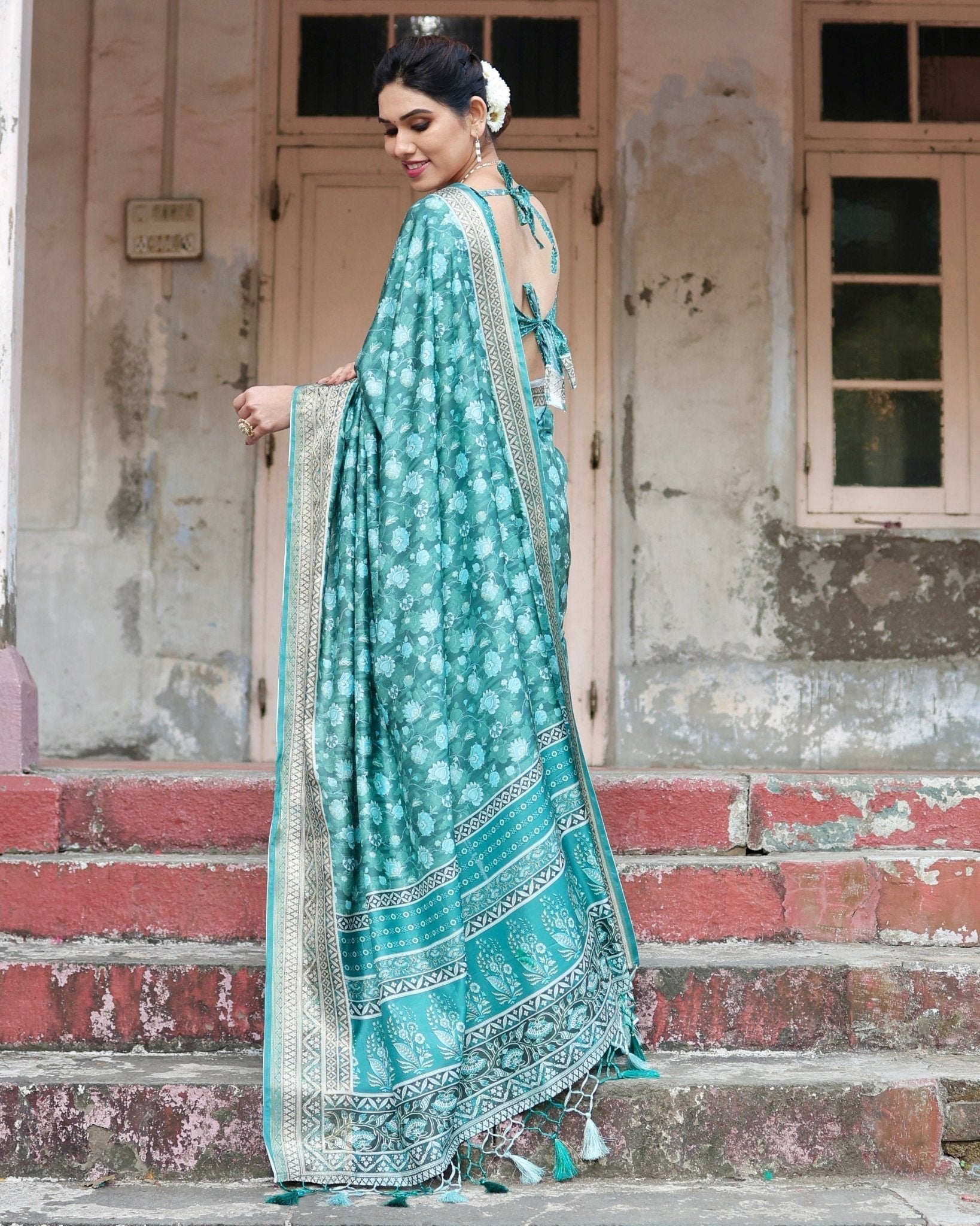 Teal Green Floral Pure Silk Digital Print Saree with Silver Border and Tassels - Fashion Dream Studio