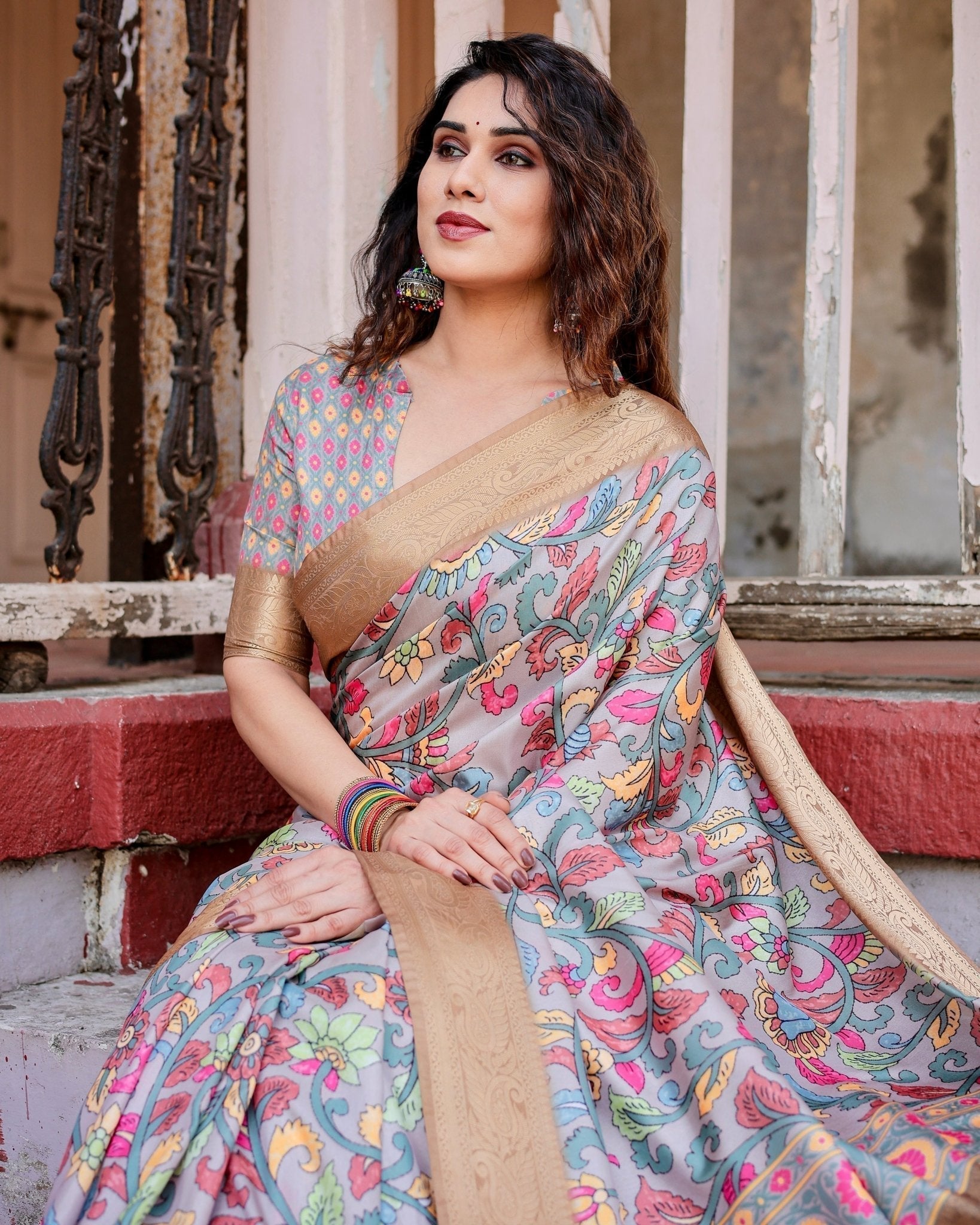 Pure Silk Digitally Printed Saree Weaved With Golden Zari Comes With Tassels - Fashion Dream Studio