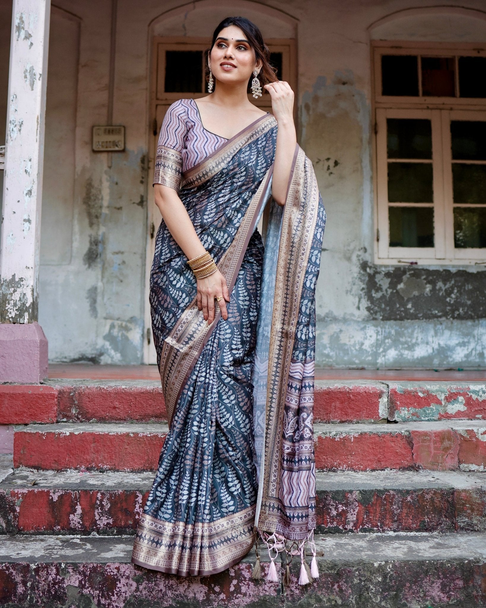 Pure Silk Digitally Printed Saree Weaved With Golden Zari Comes With Tassels