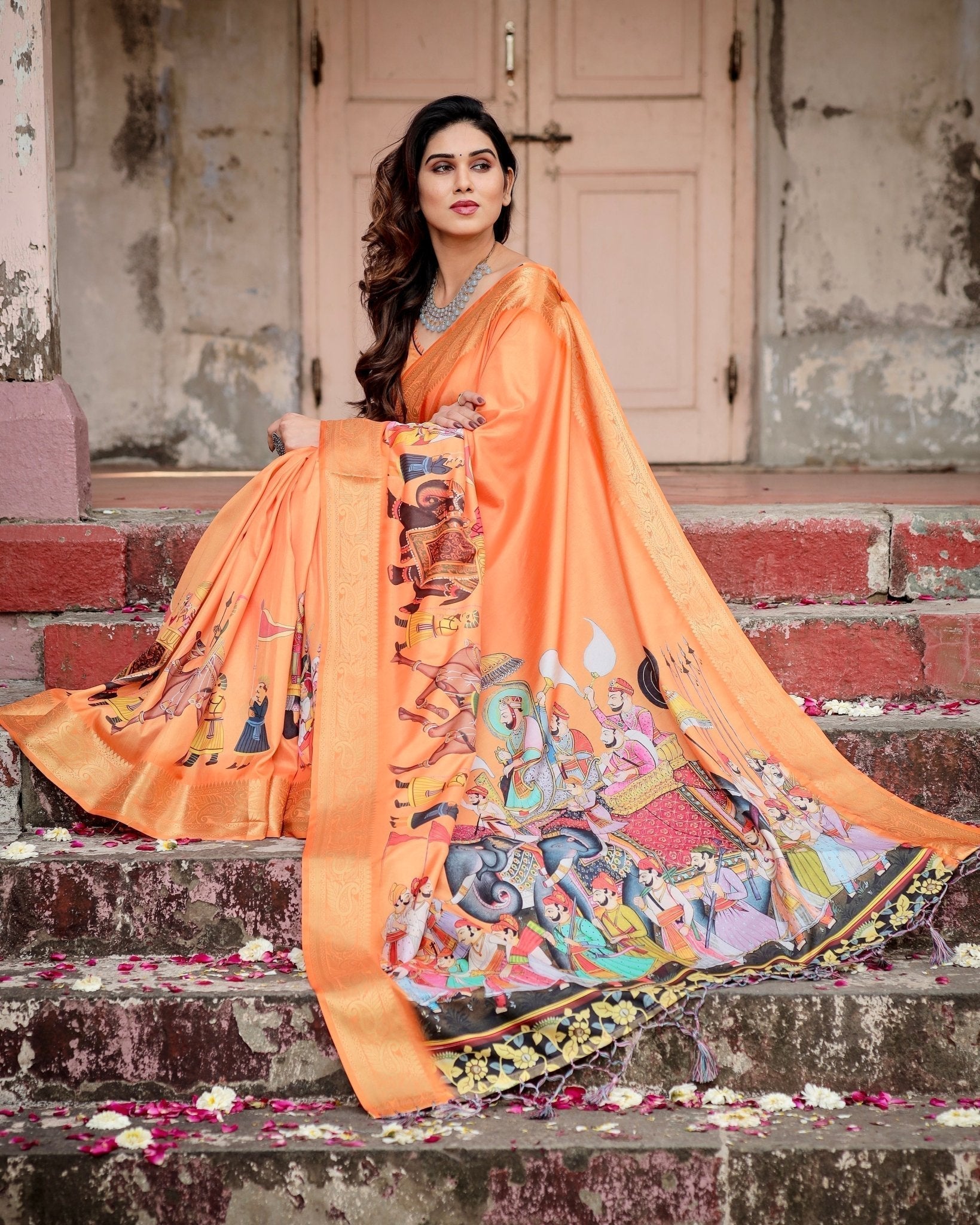 Pure Silk Digitally Printed Saree Weaved With Golden Zari Comes With Tassels