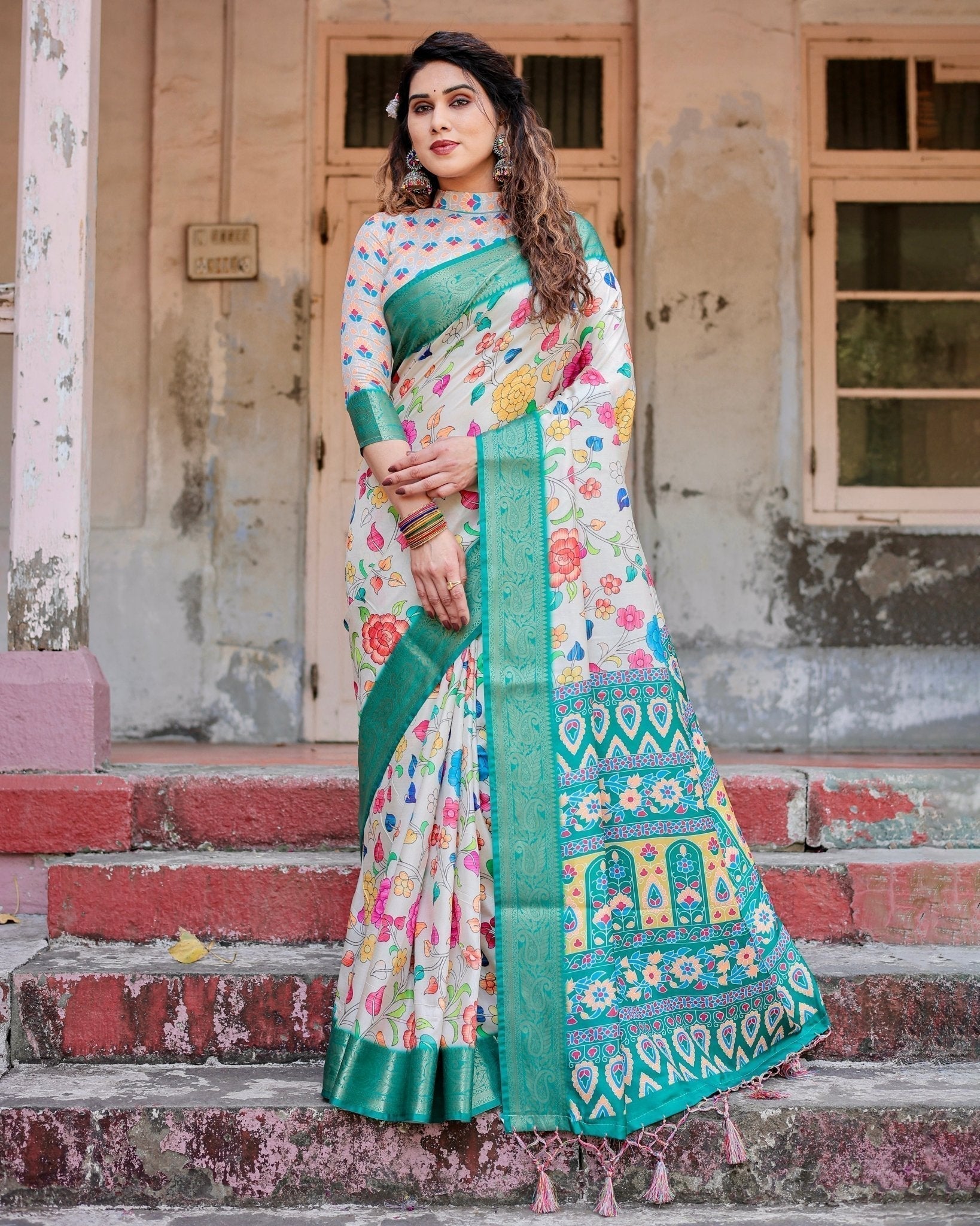 Pure Silk Digitally Printed Saree Weaved With Golden Zari Comes With Tassels - Fashion Dream Studio