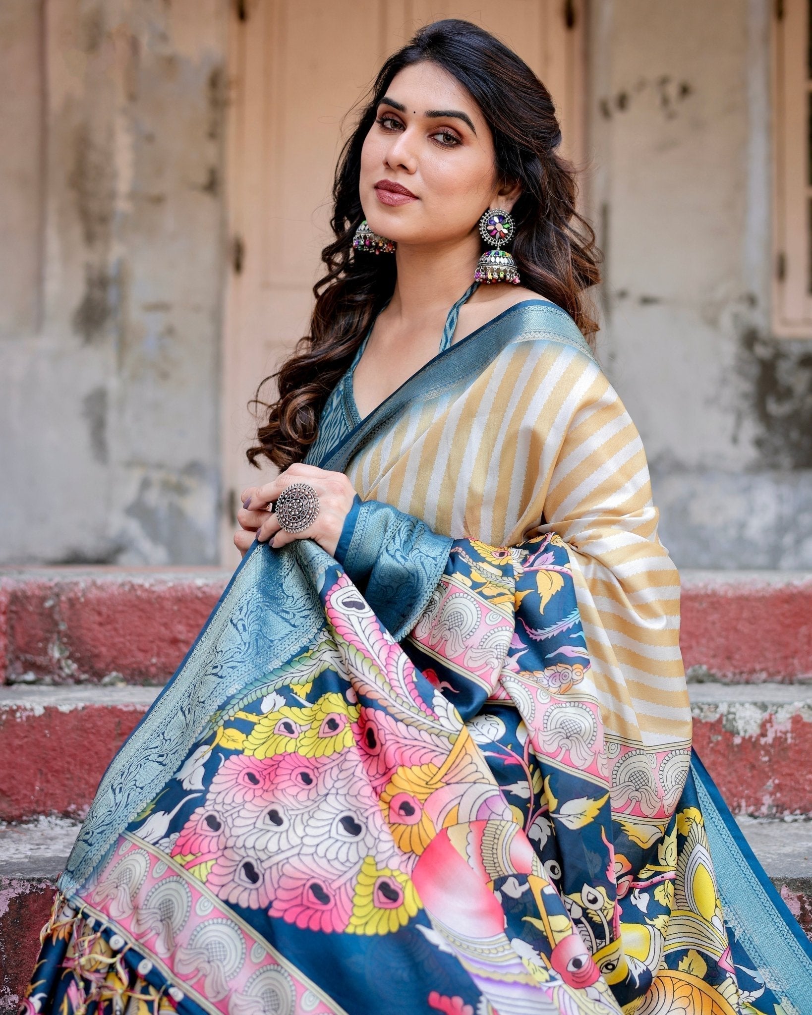 Pure Silk Digitally Printed Saree with Golden Zari and Tassels - Fashion Dream Studio