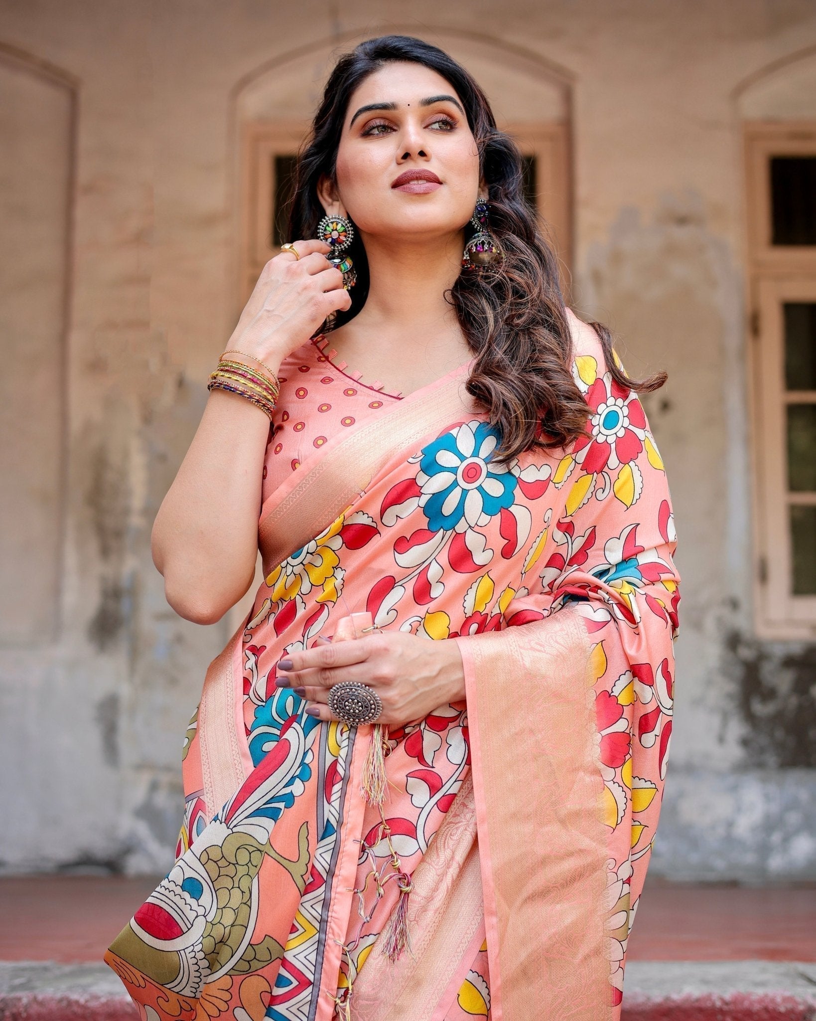 Pure Silk Digitally Printed Saree with Golden Zari and Tassels - Fashion Dream Studio