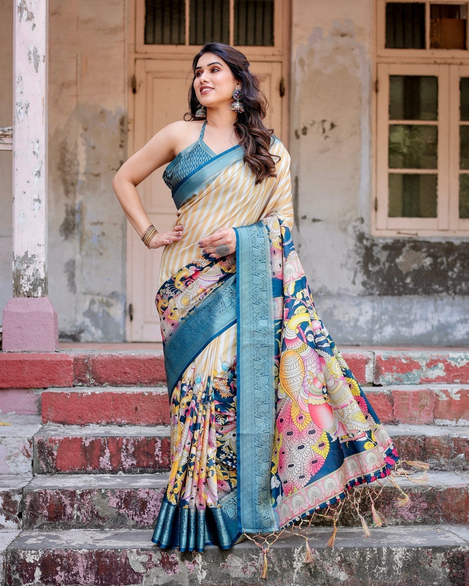 Pure Silk Digitally Printed Saree with Golden Zari and Tassels - Fashion Dream Studio