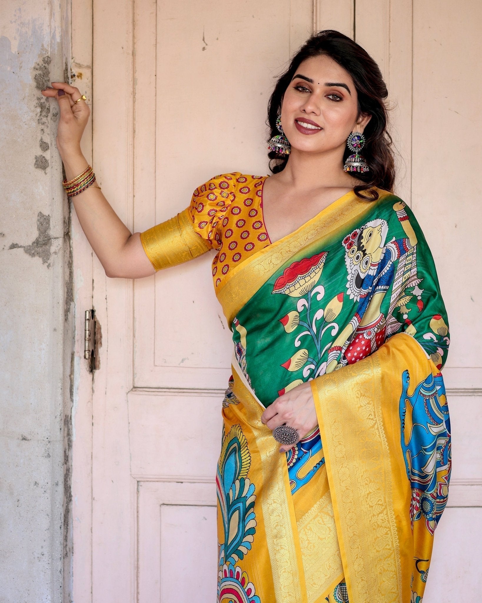 Pure Silk Digitally Printed Saree with Golden Zari and Tassels - Fashion Dream Studio