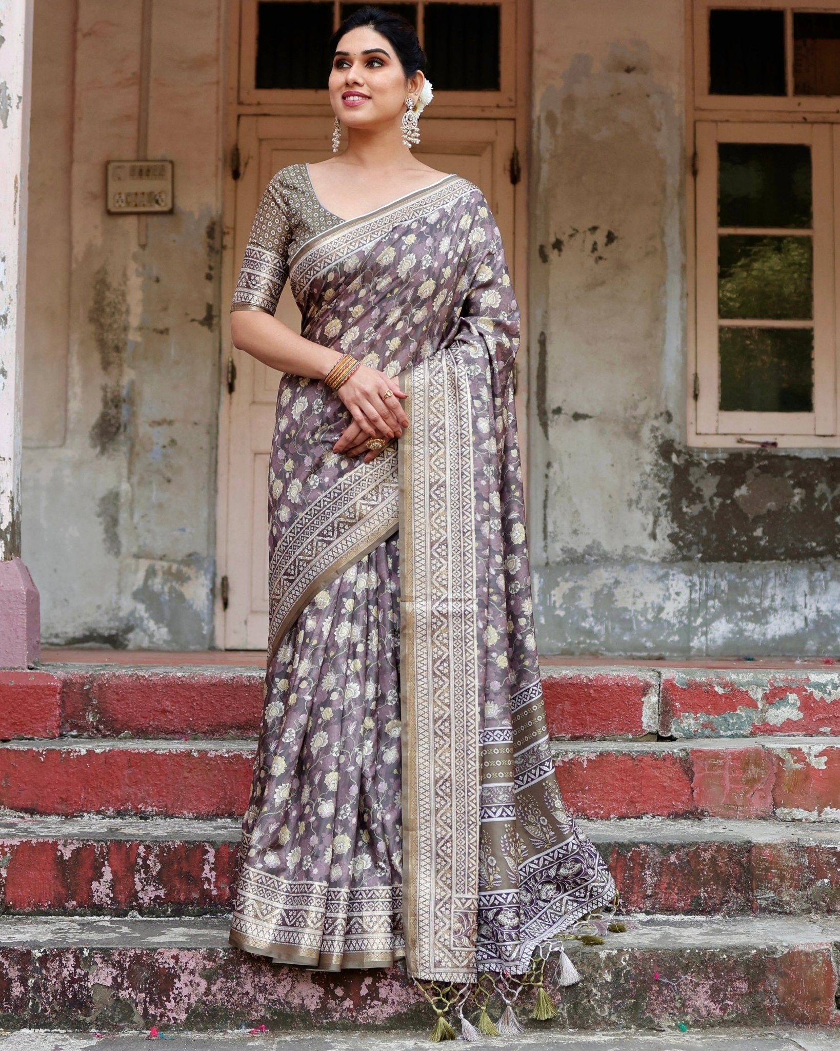 Pure Silk Digitally Printed Saree Weaved With Golden Zari Comes With Tassels