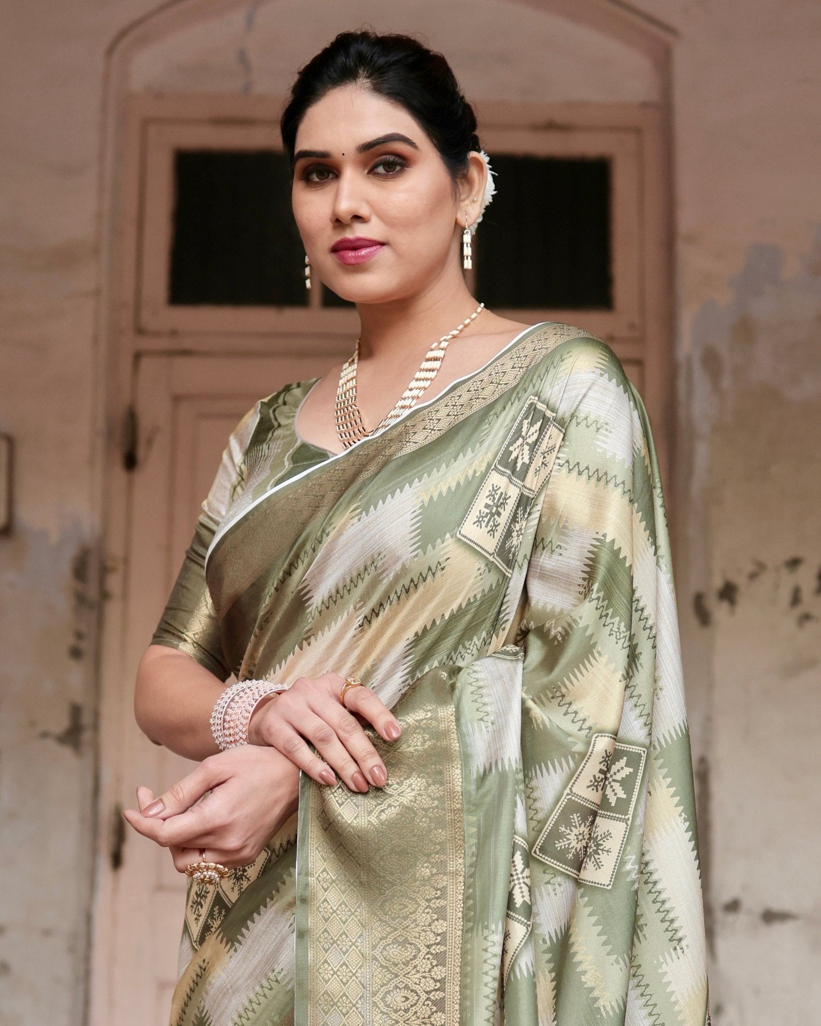 Olive Green Geometric Pure Silk Digital Print Saree with Gold Border and Tassels