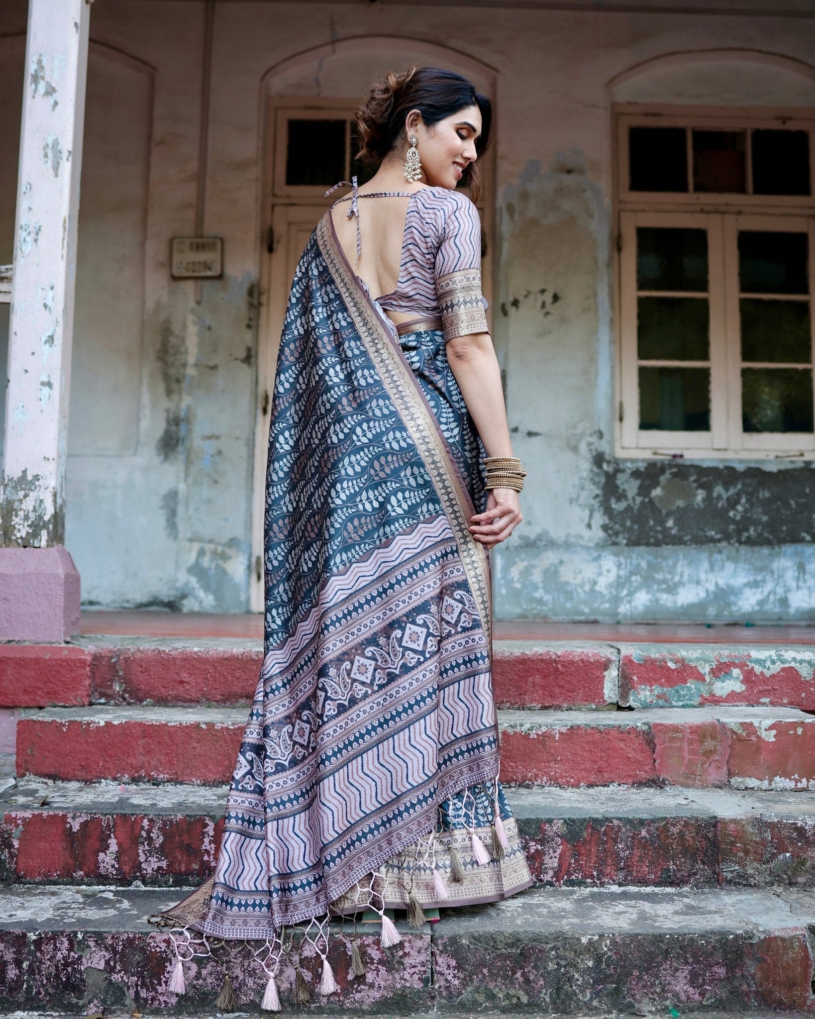 Pure Silk Digitally Printed Saree Weaved With Golden Zari Comes With Tassels