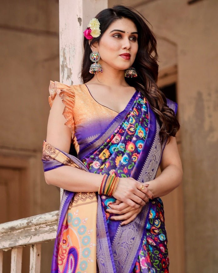 Pure Silk Digitally Printed Saree Weaved With Golden Zari Comes With Tassels - Fashion Dream Studio