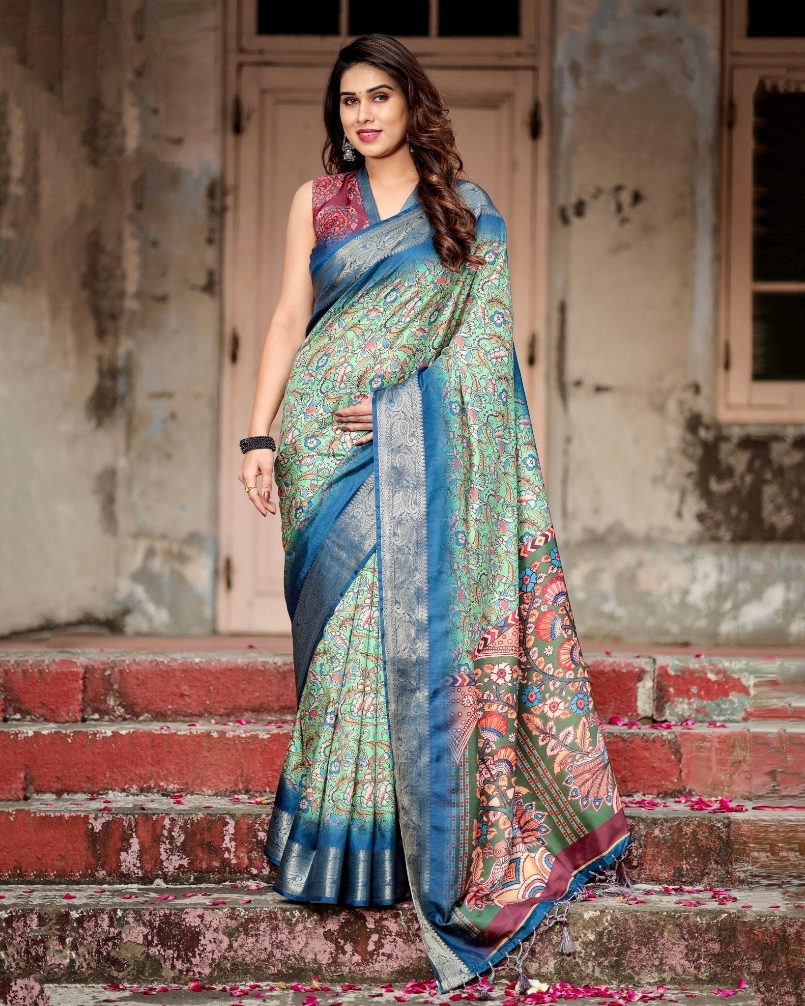 Pure Silk Digitally Printed Saree Weaved With Golden Zari Comes With Tassels - Fashion Dream Studio