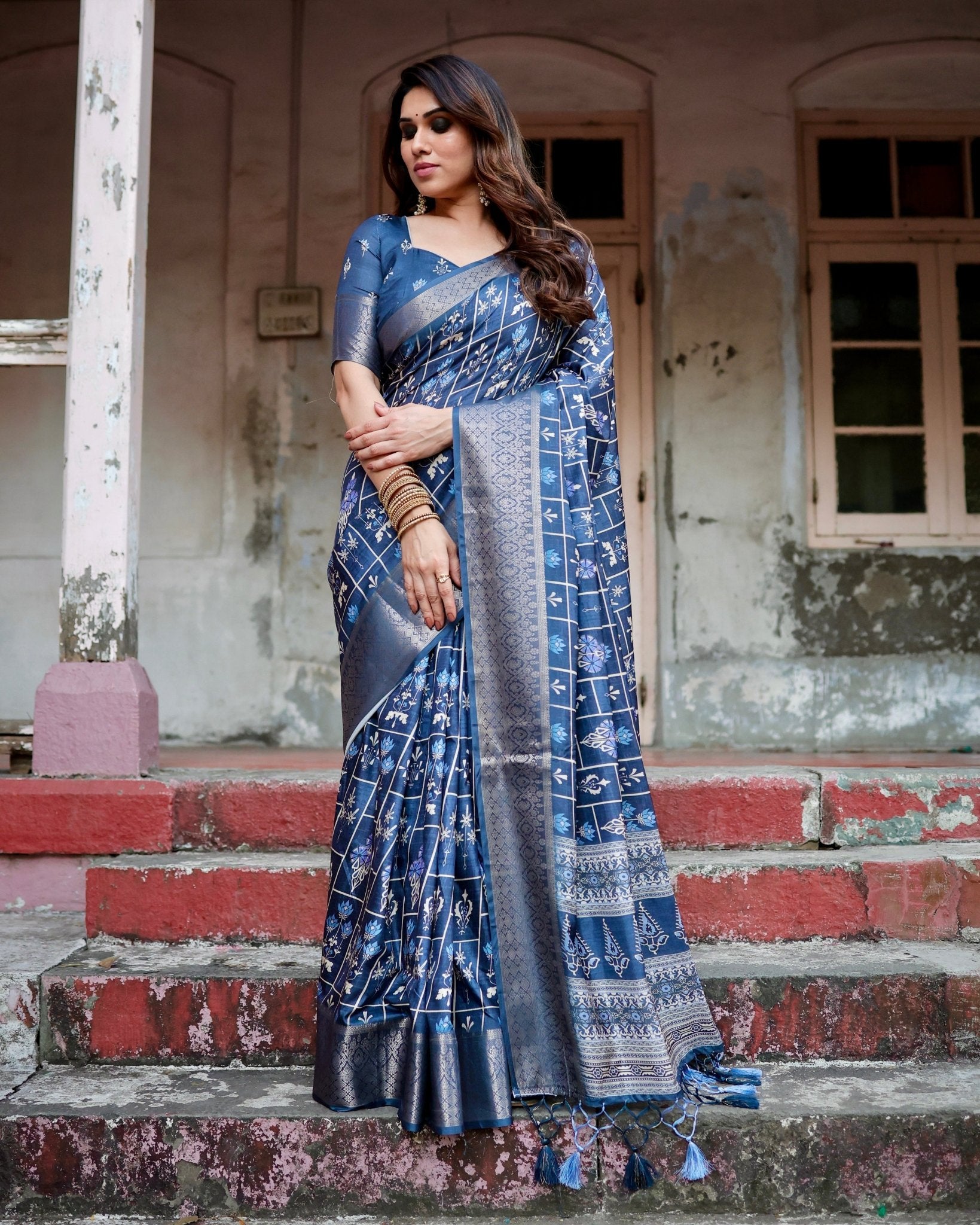 Pure Silk Digitally Printed Saree with Golden Zari and Tassels - Fashion Dream Studio