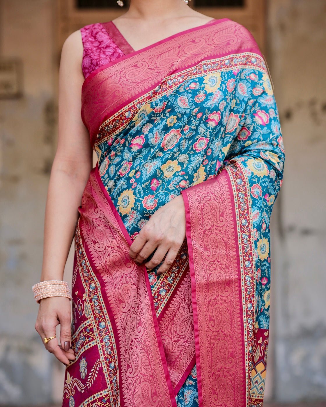 Pure Silk Digitally Printed Saree Weaved With Golden Zari Comes With Tassels