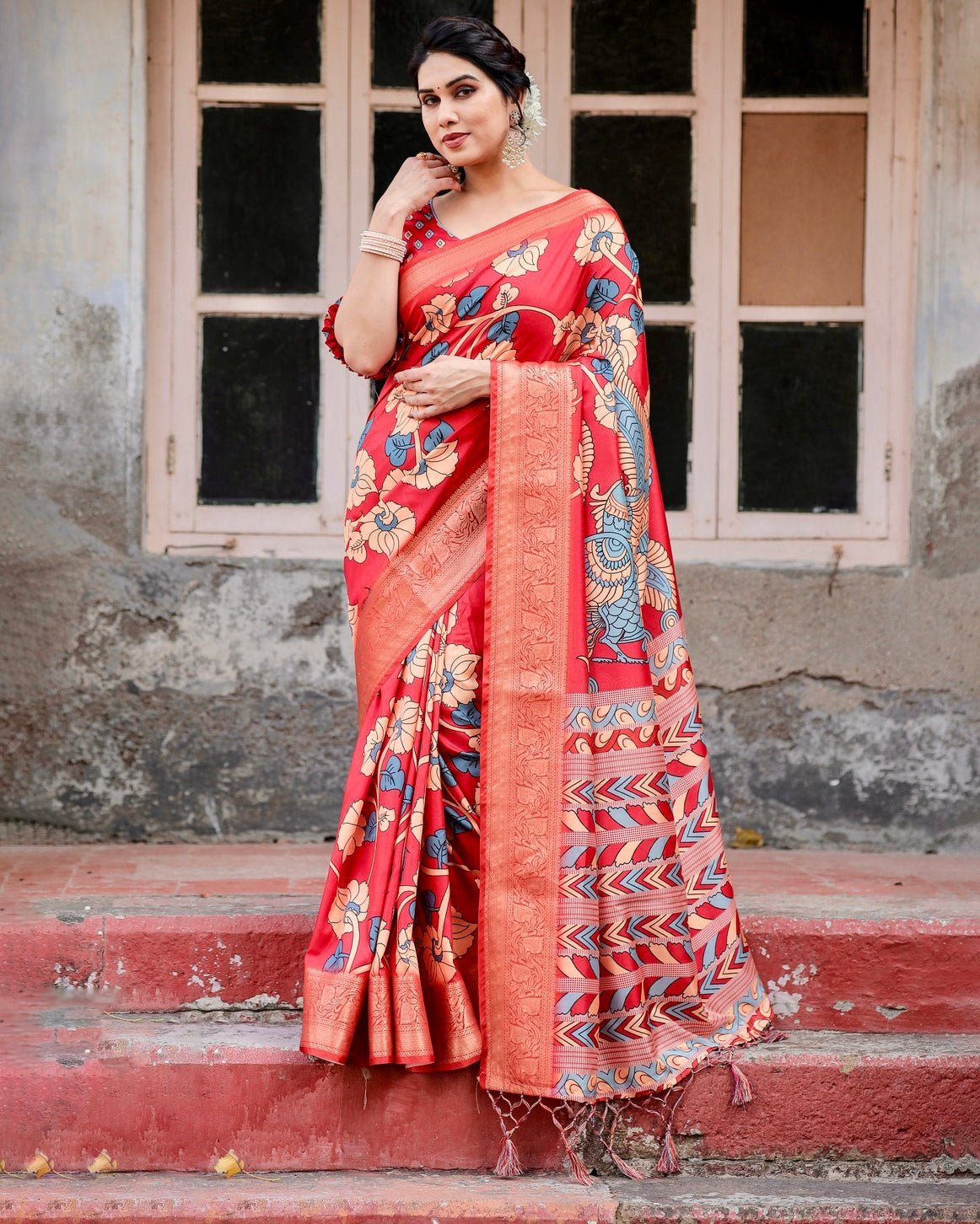 Pure Silk Digitally Printed Saree Weaved With Golden Zari Comes With Tassels - Fashion Dream Studio