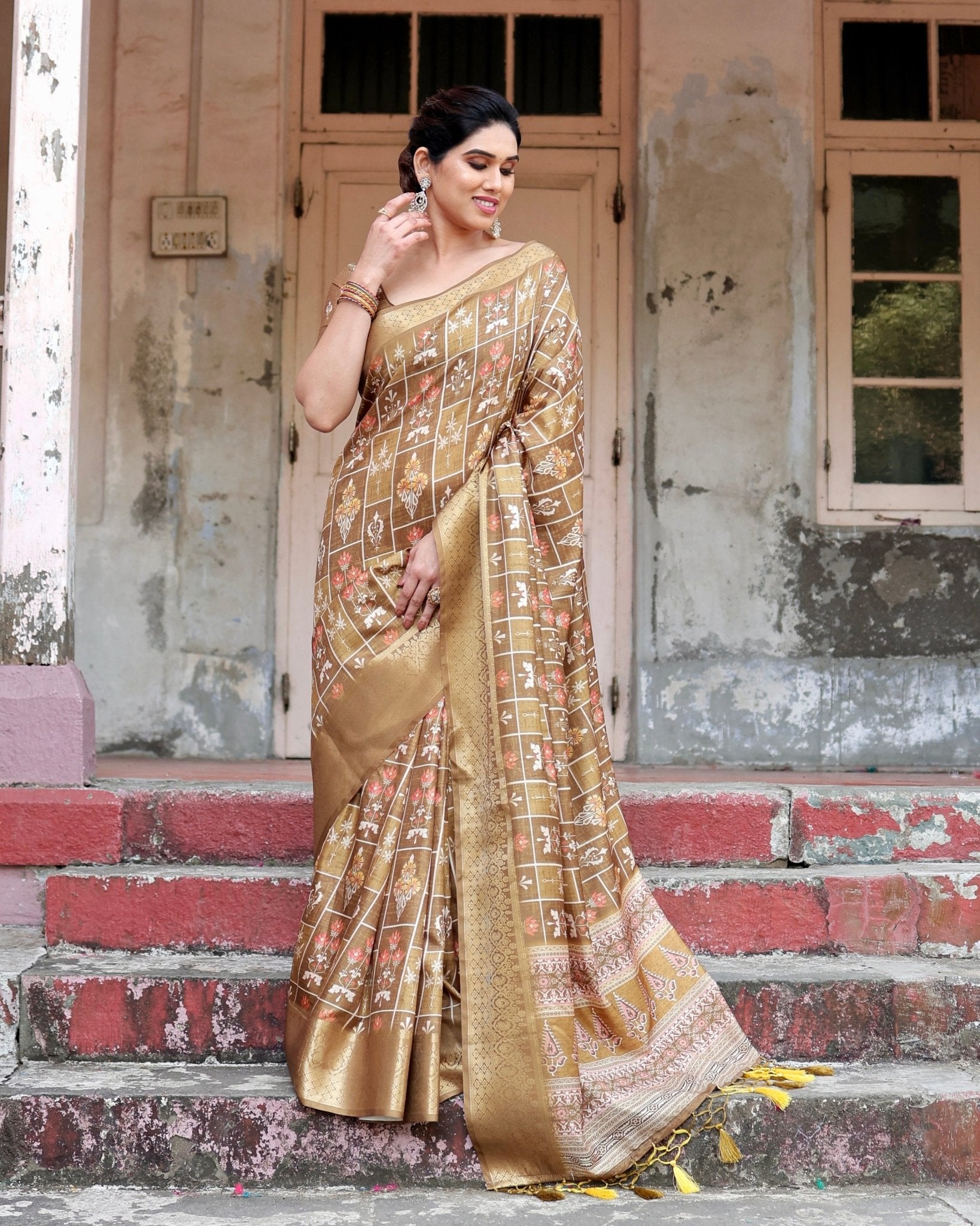 Pure Silk Digitally Printed Saree with Golden Zari and Tassels - Fashion Dream Studio