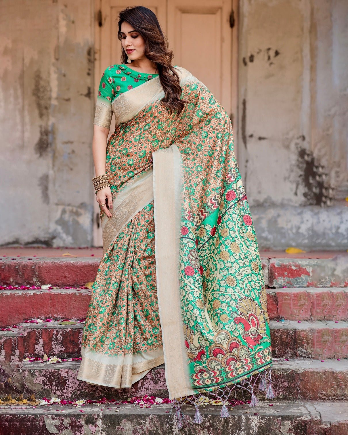 Pure Silk Digitally Printed Saree Weaved With Golden Zari Comes With Tassels - Fashion Dream Studio