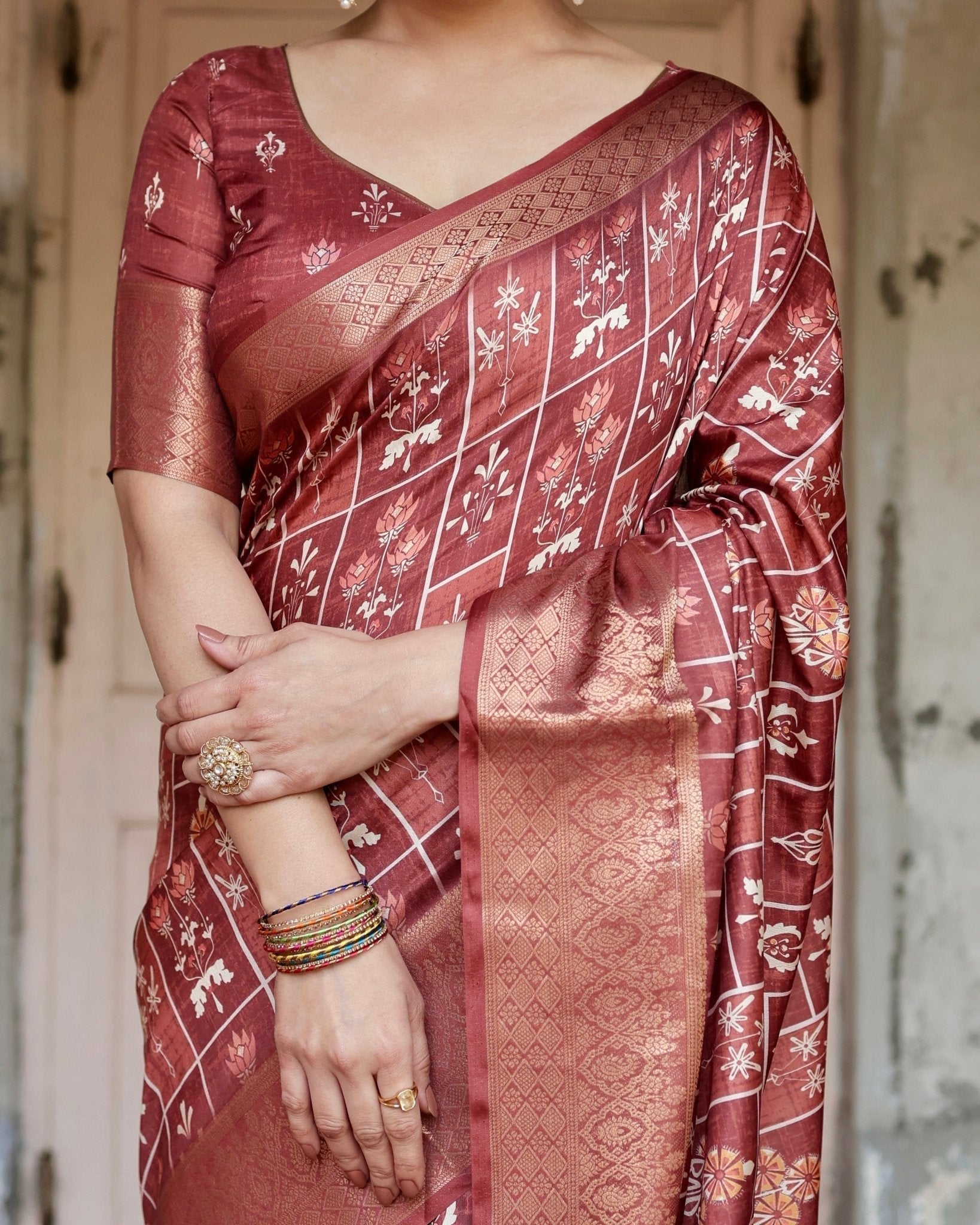 Pure Silk Digitally Printed Saree with Golden Zari and Tassels - Fashion Dream Studio