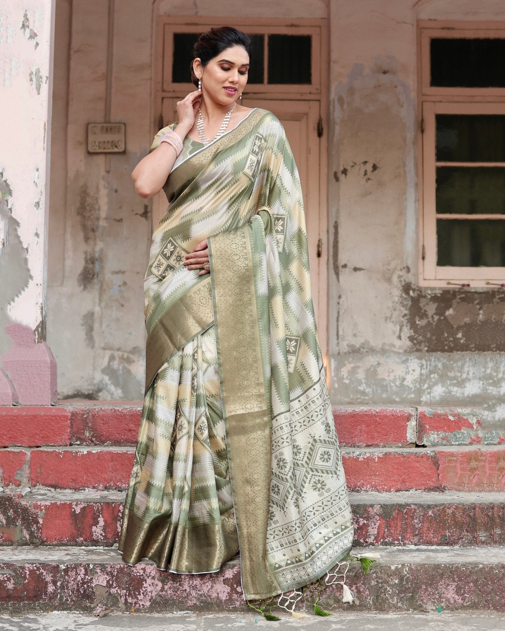 Olive Green Geometric Pure Silk Digital Print Saree with Gold Border and Tassels