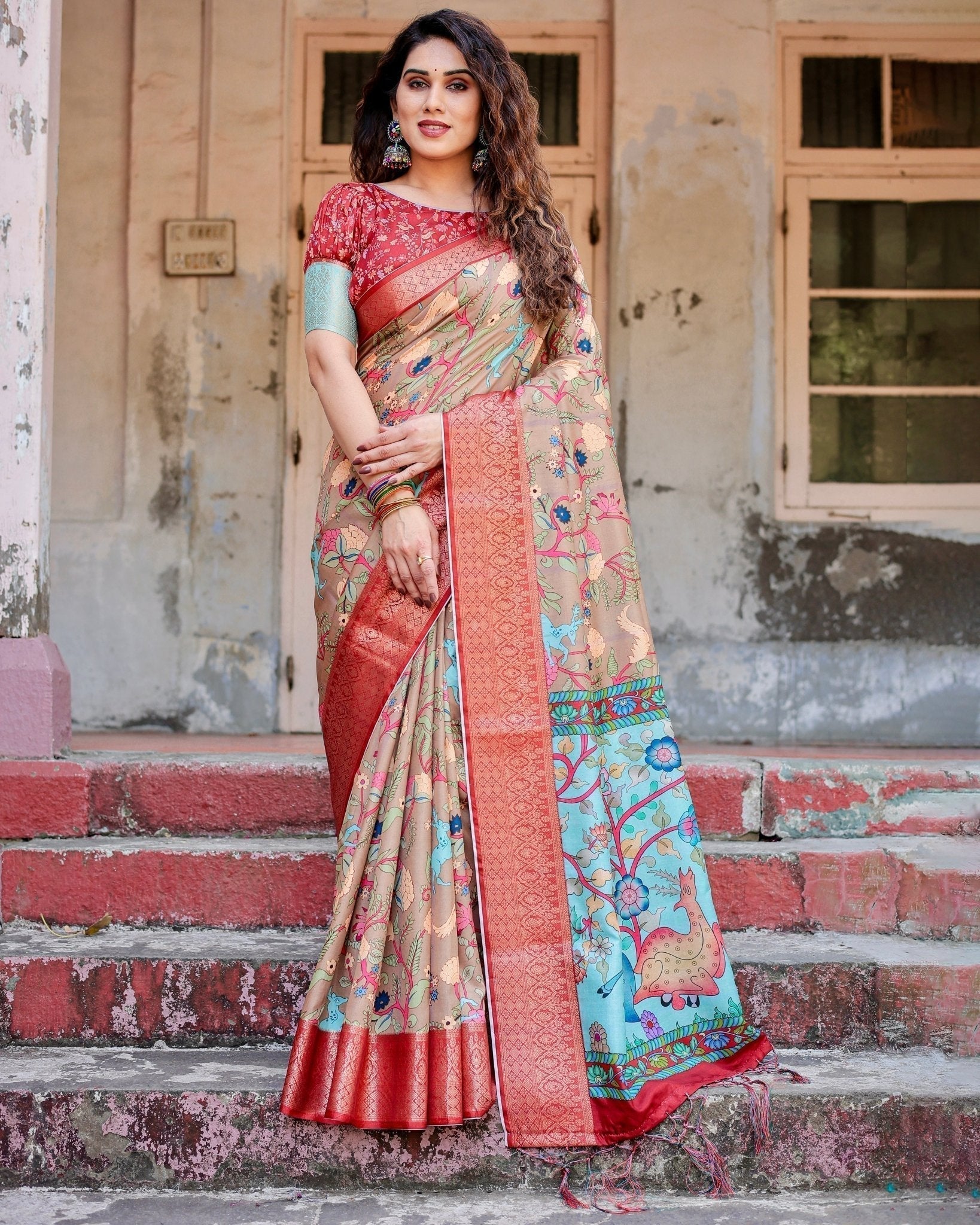 Pure Silk Digitally Printed Saree Weaved With Golden Zari Comes With Tassels