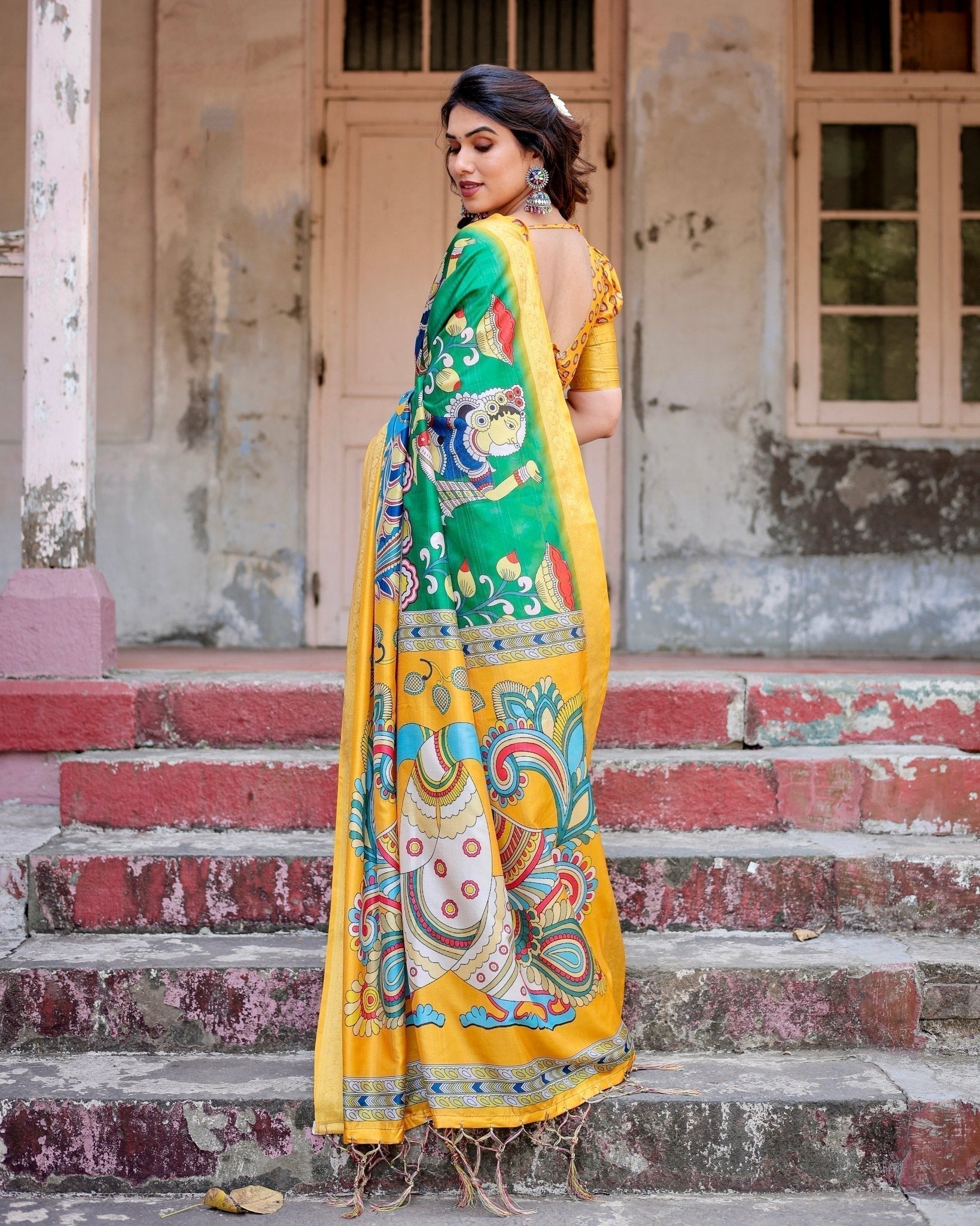 Pure Silk Digitally Printed Saree with Golden Zari and Tassels - Fashion Dream Studio