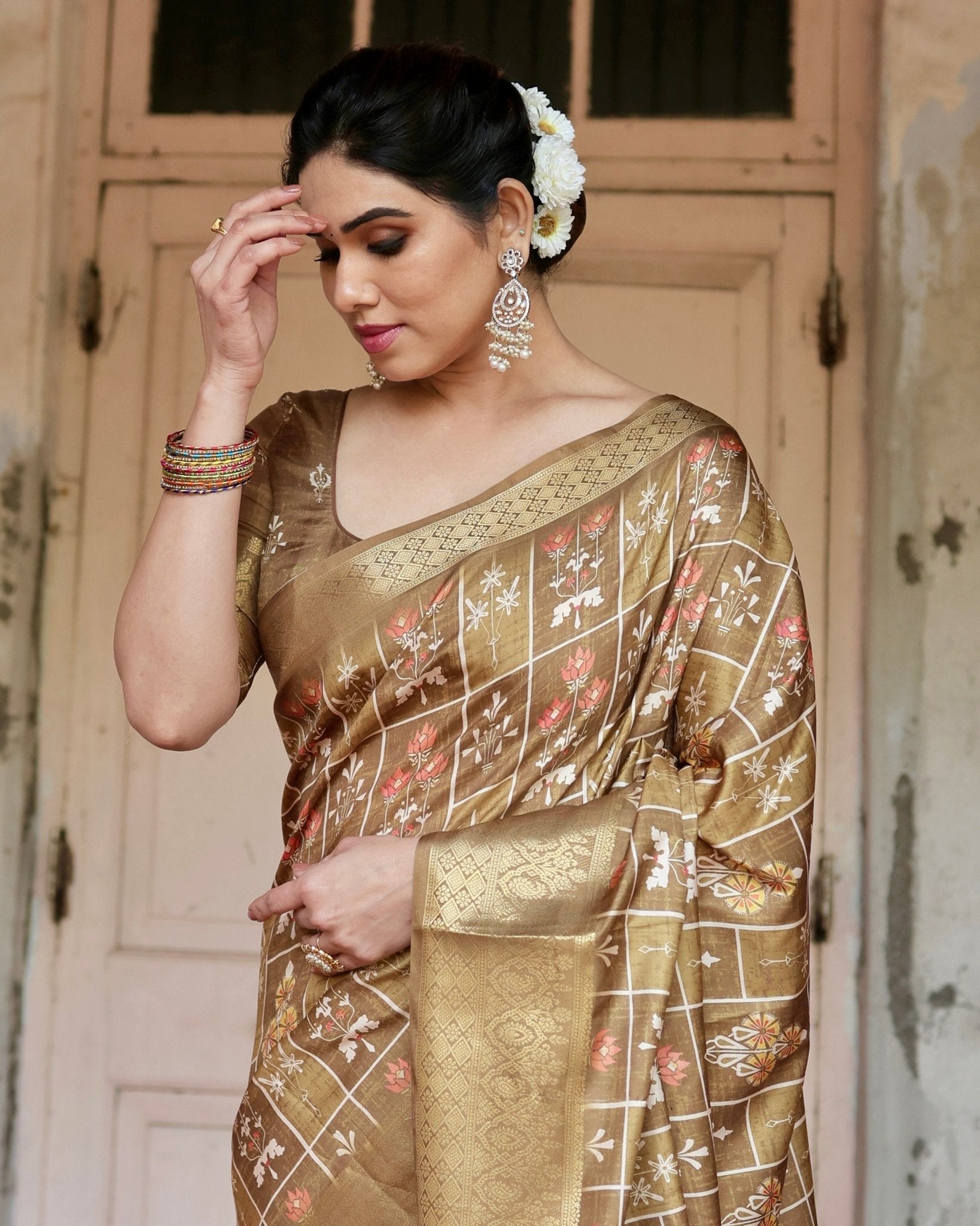 Pure Silk Digitally Printed Saree with Golden Zari and Tassels - Fashion Dream Studio