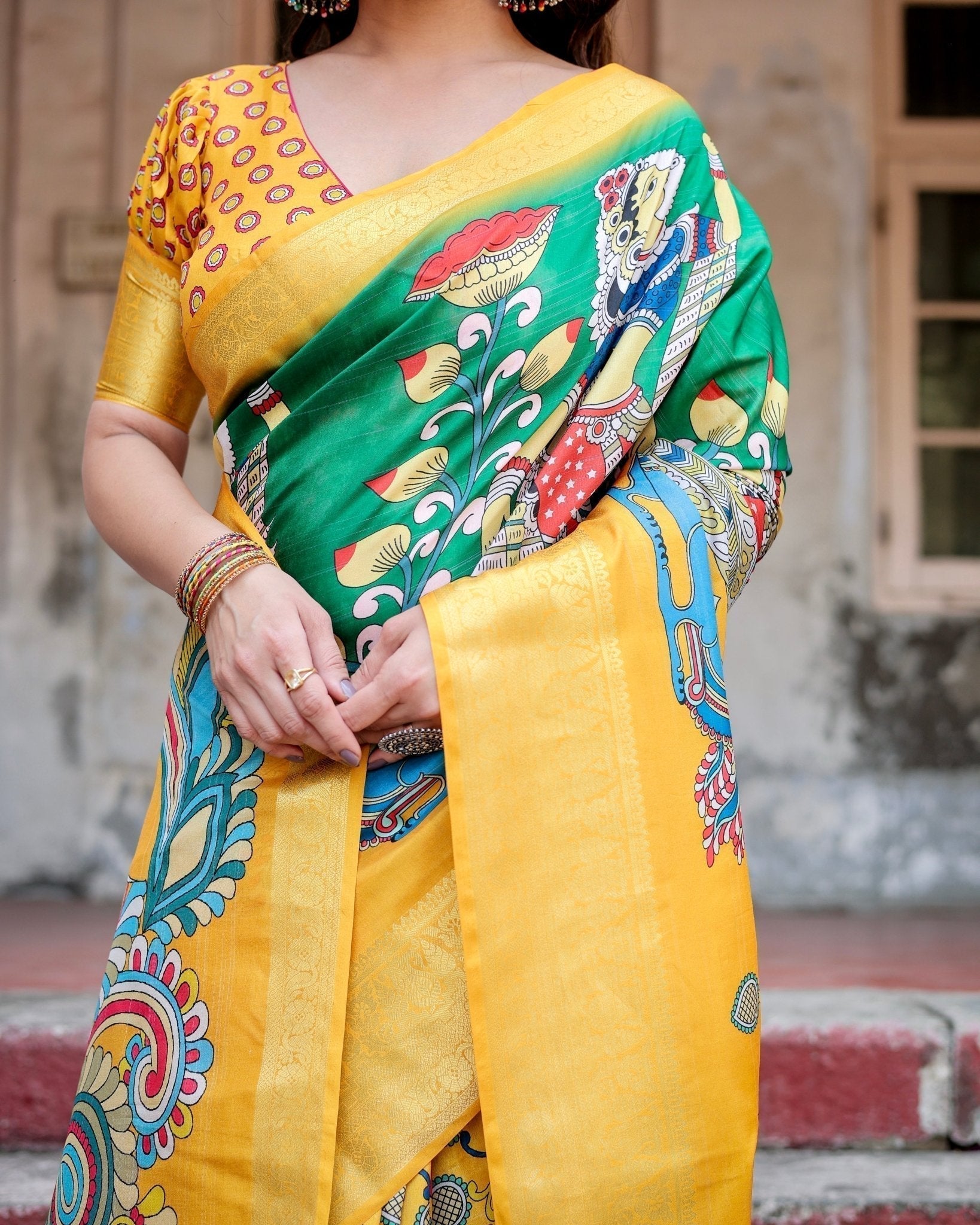 Pure Silk Digitally Printed Saree with Golden Zari and Tassels - Fashion Dream Studio